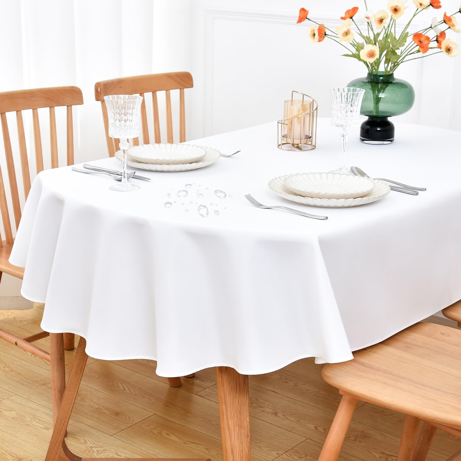 NEWISHER Farmhouse Water Resistant Oval Tablecloth 178x230 cm (70x90 inch), Faux Linen Table Cloth Wipe Clean, Washable Table Cover for Kitchen Dining, Party, Banquet Indoor Outdoor (White)