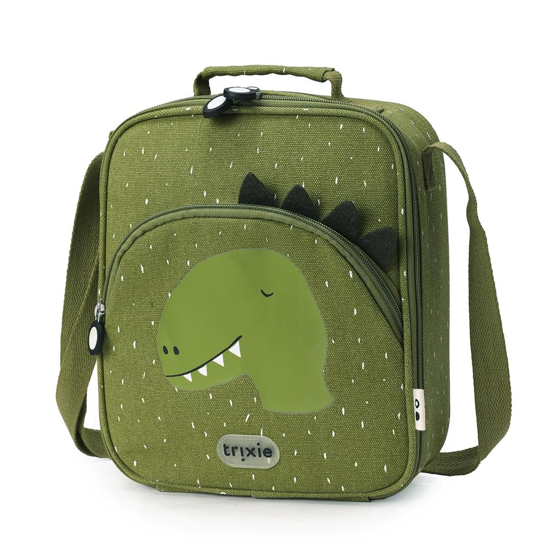 Trixie Sac à pain isotherme avec bandoulière, poche avant avec fermeture éclair, étiquette nominative, pour enfants à l'école, à la maternelle et à la crèche (Mr Dino)