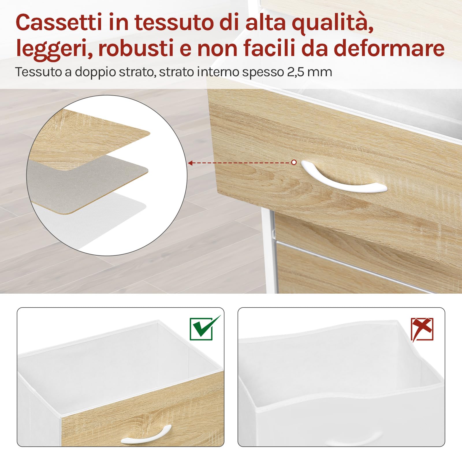 WOLTU Cassettiera, 4 Cassetti in Tessuto, Armadio di Stoccaggio per Camera da Letto Corridoio Soggiorno, Struttura in Acciaio, E1 Piano Legno, Rovere Chiaro+Bianco