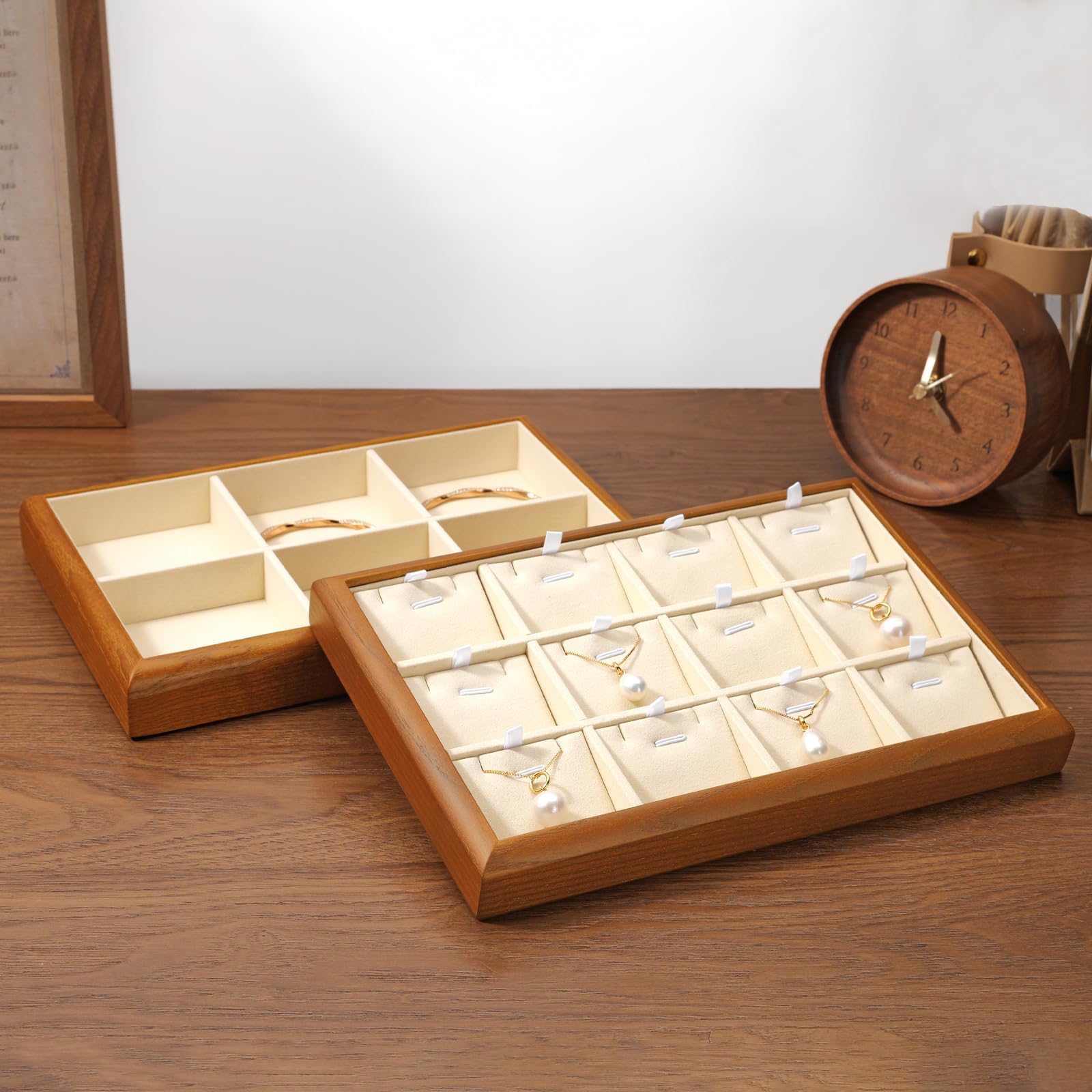 Oirlv Bandejas Planas De Madera Maciza Para Joyas, Apilables, Organizador De Joyas, Joyero (Blanco Crema) | Bandeja de madera compacta. Ideal para cajón, vitrina y uso diario