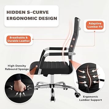 Furmax Ergonomic Office Desk Chair, Executive Ribbed Mid-Back PU Leather Conference Room Chair Adjustable Swivel Chair with Arms (2 pcs, Black)