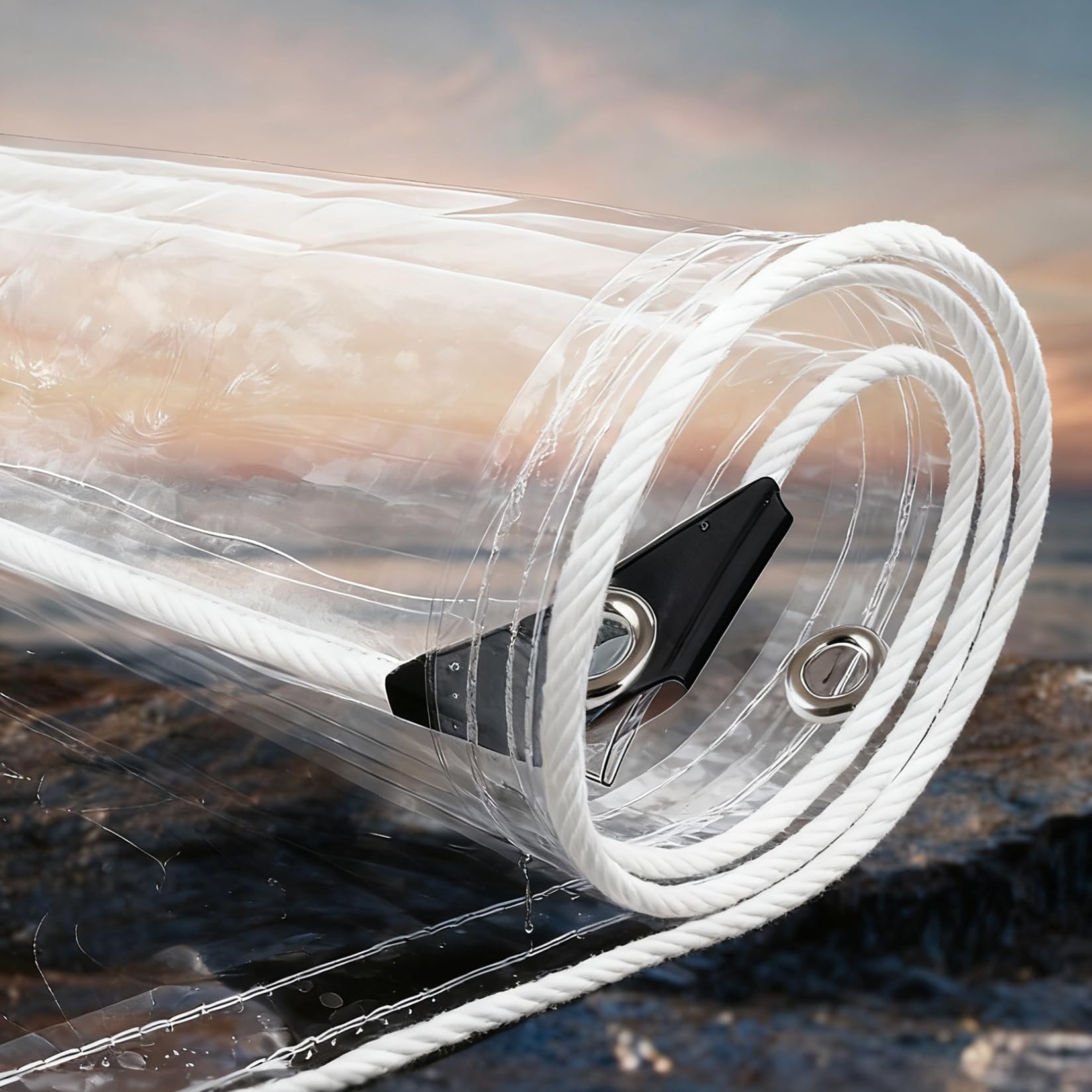 Lona protectora transparente para evitar goteras e intemperie en terrazas y camping