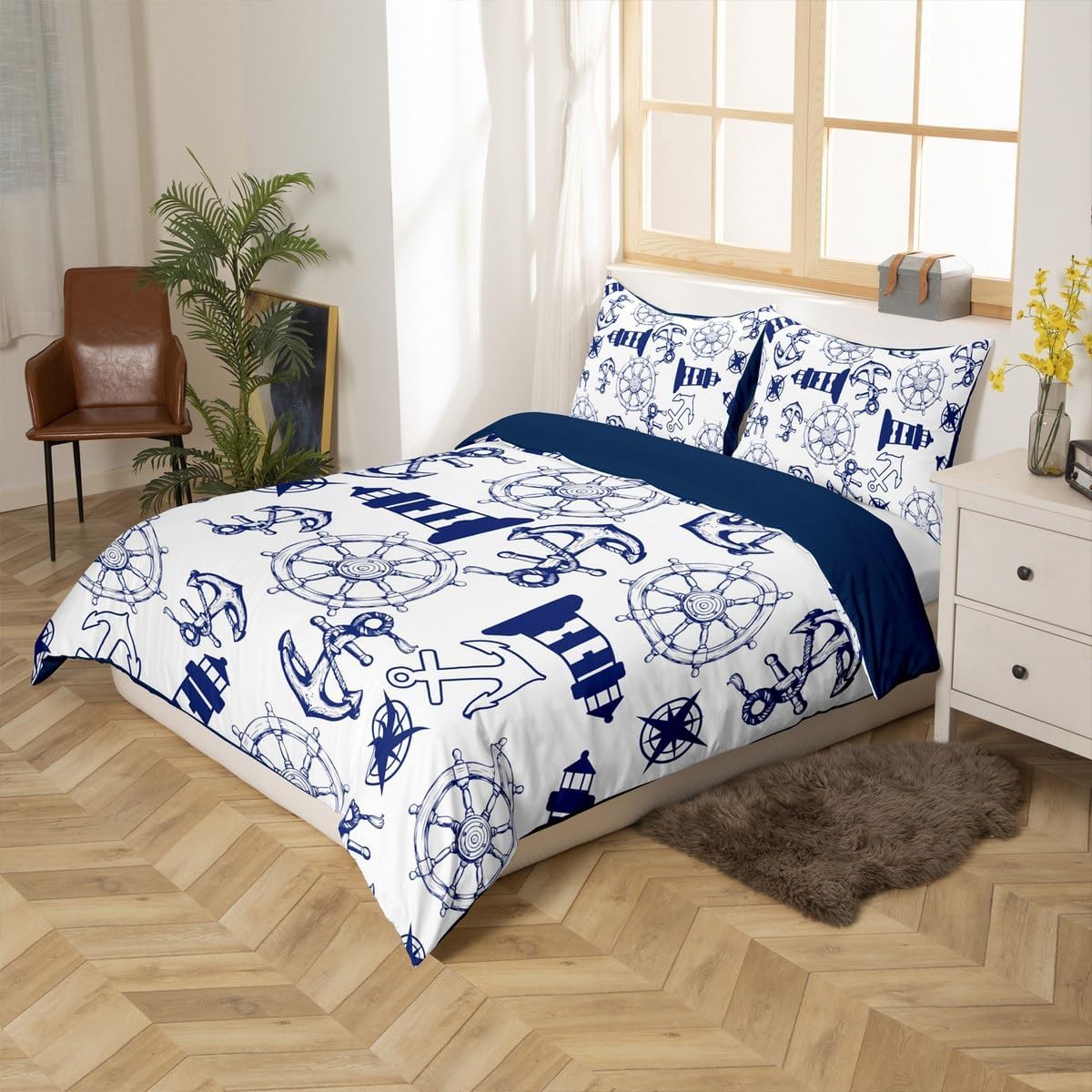 jejeloiu Kids Nautical Bedding Set Toddler Size, Anchor Duvet Cover Boys Girls Lighthouse Comforter Cover for Compass Teens Bedroom Decor Zipper (No Comforter)