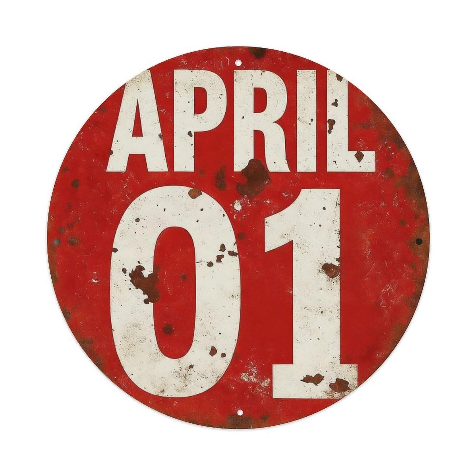 April 01 Red Rusty Sign Round Tin Sign Vintage Metal Poster Retro Bar, Home, Man Cave, Kitchen, Laundry Room Wall Art Decor Gift 8x8Inch