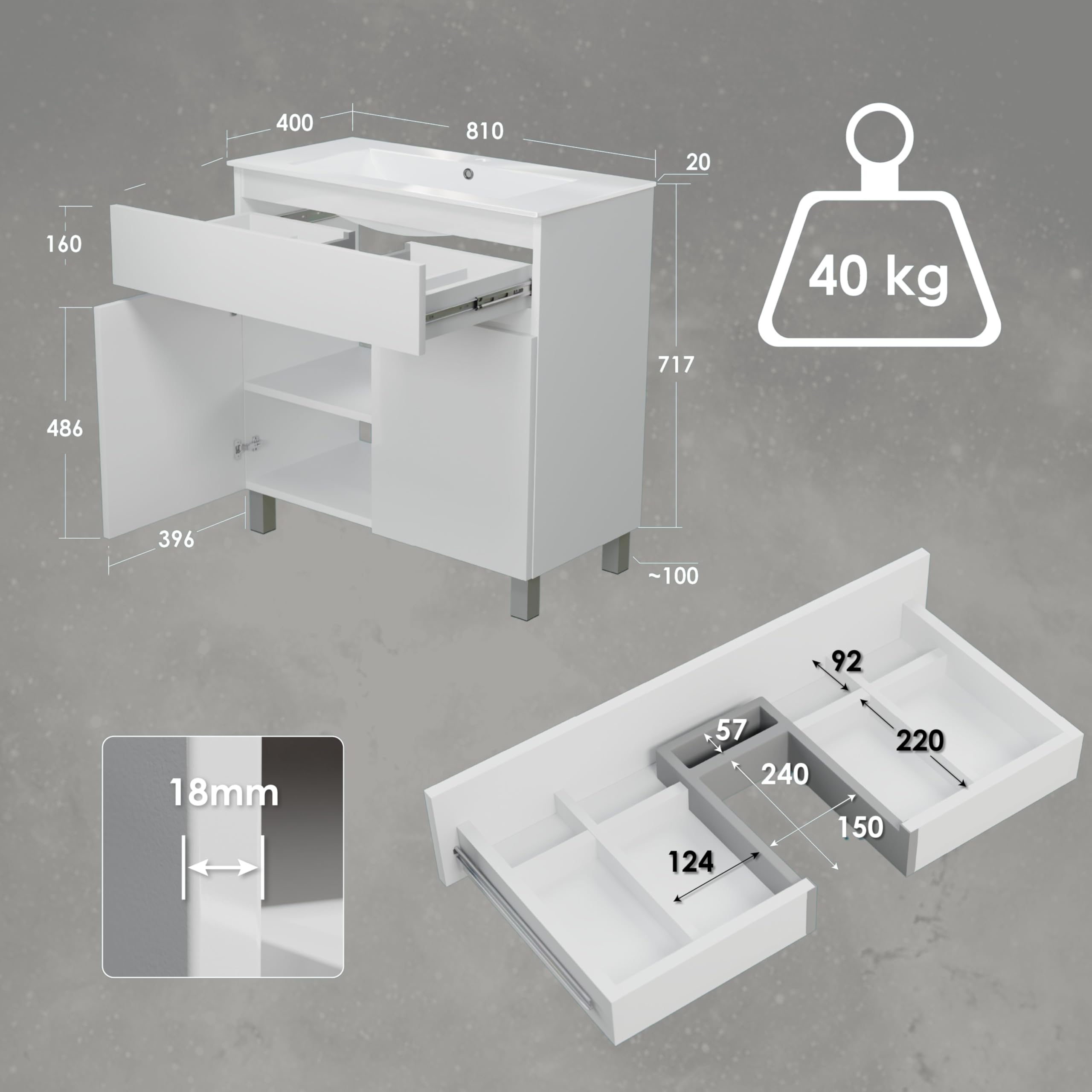 Lavabo ARIZA con mobile largo 80 cm, Lavabo con mobile a 2 ante, Set di mobili da bagno - Bianco opaco/Fronte bianco brillante