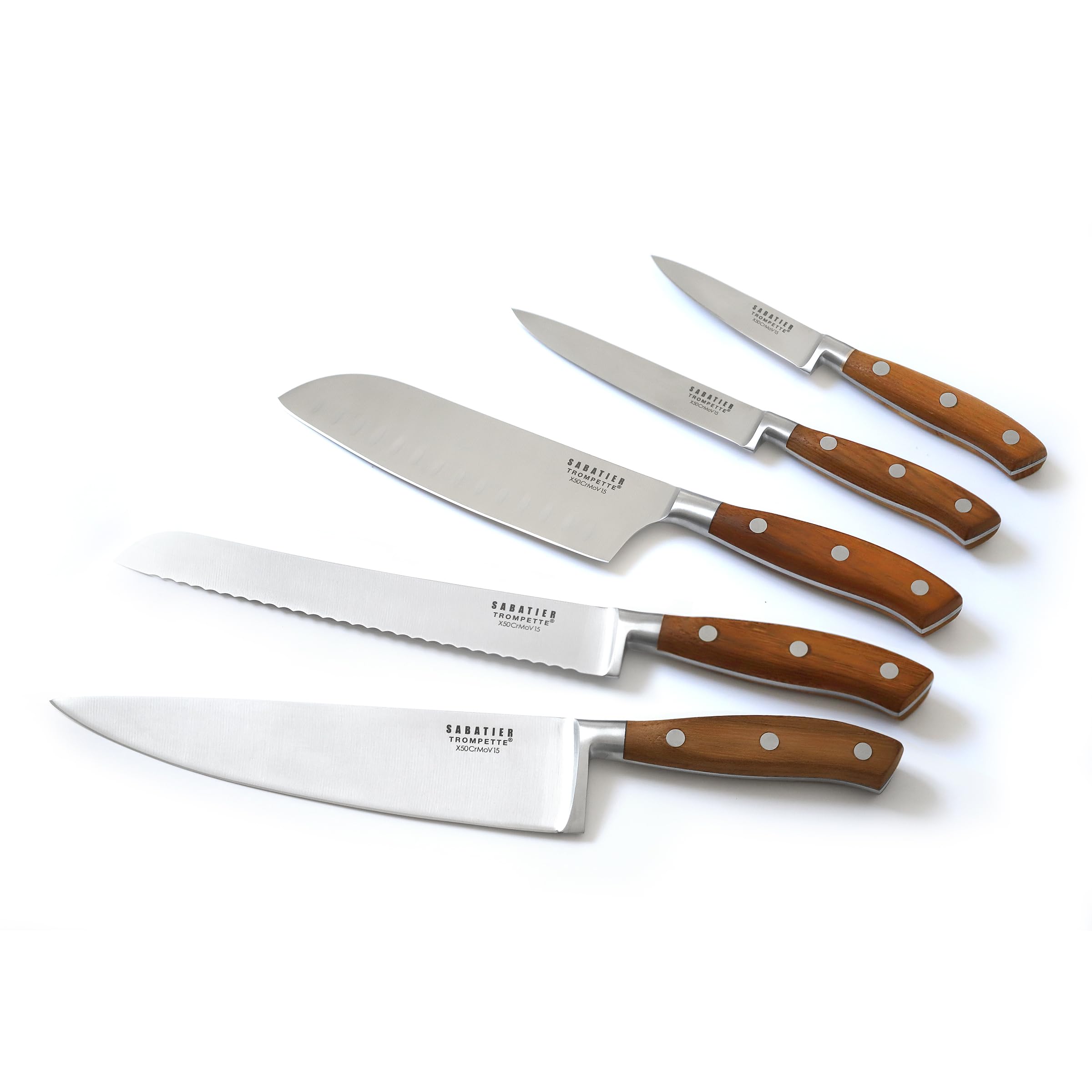 SABATIER TROMPETTE - Set 5 couteaux de cuisine : Office, Utile, Santoku, Chef, Pain et bloc avec 6 couteaux steak assortis - Ryokan - Acier 5CR15MOV finition satinée manche Bois de frêne - Bois