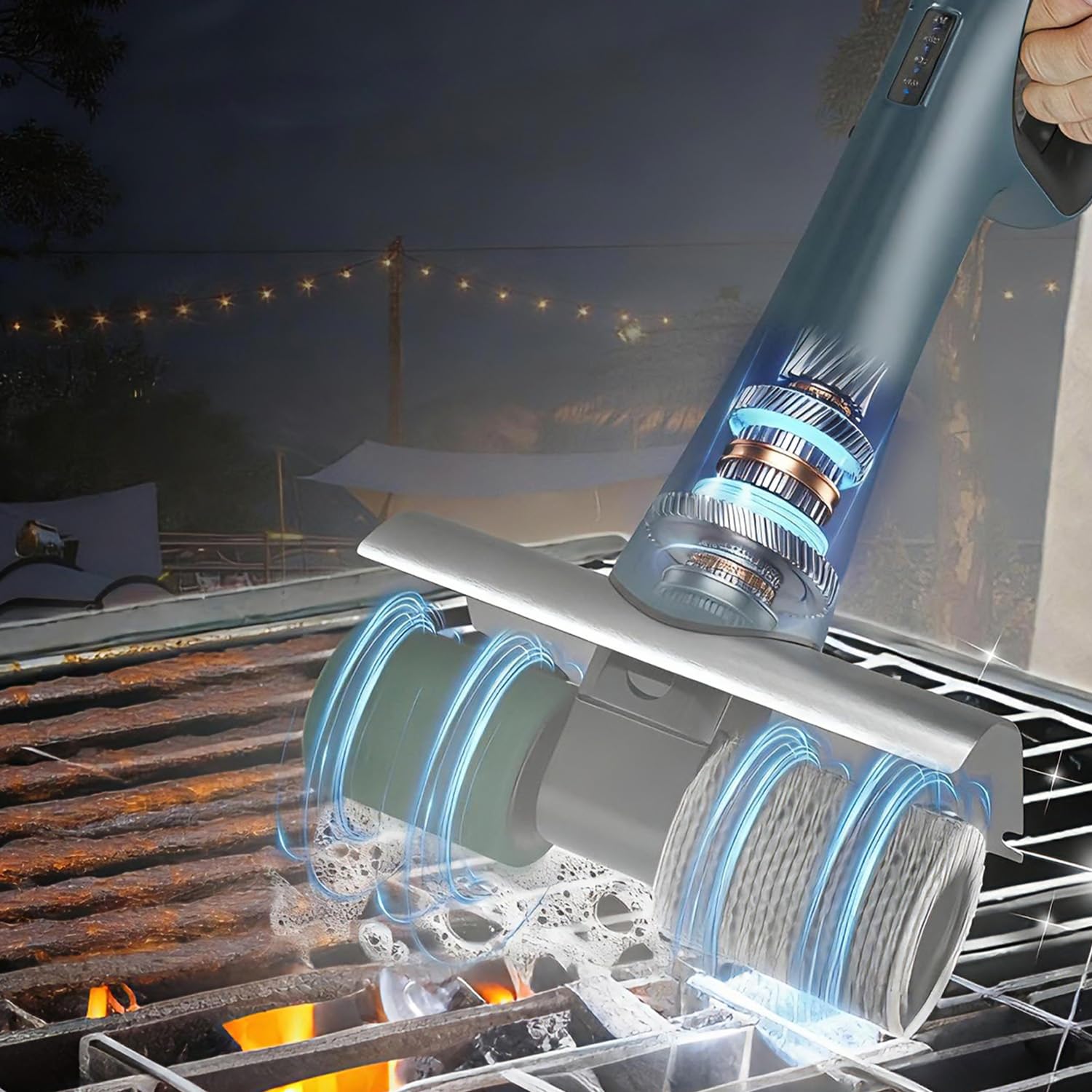 Home Cepillo Eléctrico para Barbacoa, Limpiador de Parrilla Inalámbrico a 450 RPM con 2 Rodillos Giratorios, Giro Reversible, Sin Cerdas, 120 Min de Autonomía, Luz LED y Carga USB-C