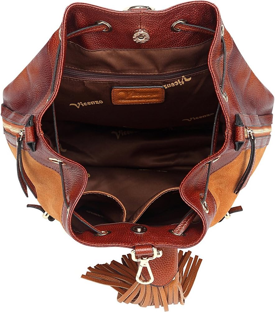 Vicenzo Leather Sonia Suede Leather Convertible Bucket Bag (Brown)