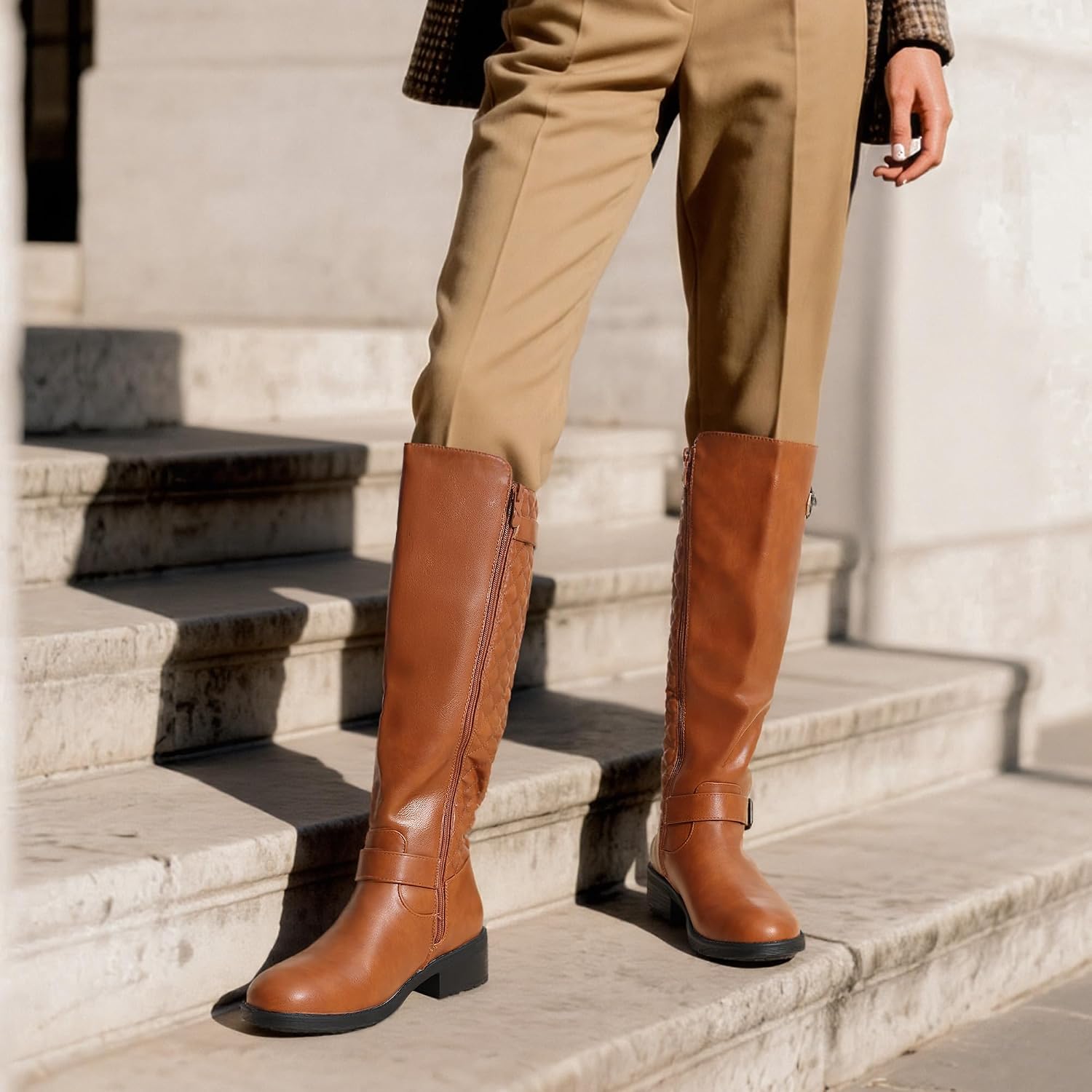 DREAM PAIRS Women's Knee-High Boots Comfortable Chunky Block Heel Round Toe Side Zipper Riding Fashion Buckles Biker Motorcycle Boots