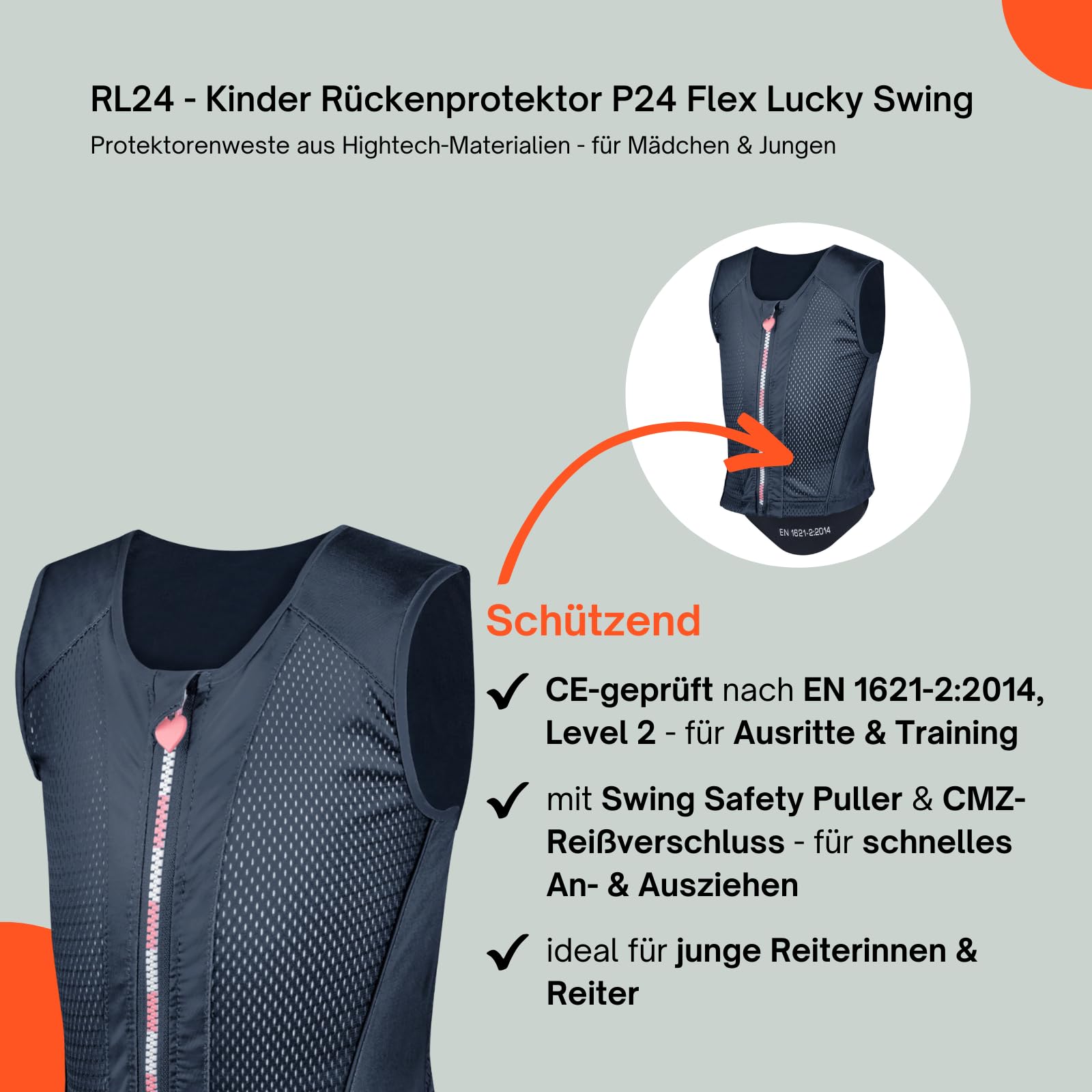 RL24 - Kinder Rückenprotektor P24 Flex Lucky Swing – Protektorenweste aus Hightech-Materialien – Reiter Schutzweste – atmungsaktiv & leicht – Unisex Reitweste in Nachtblau – viele Größen