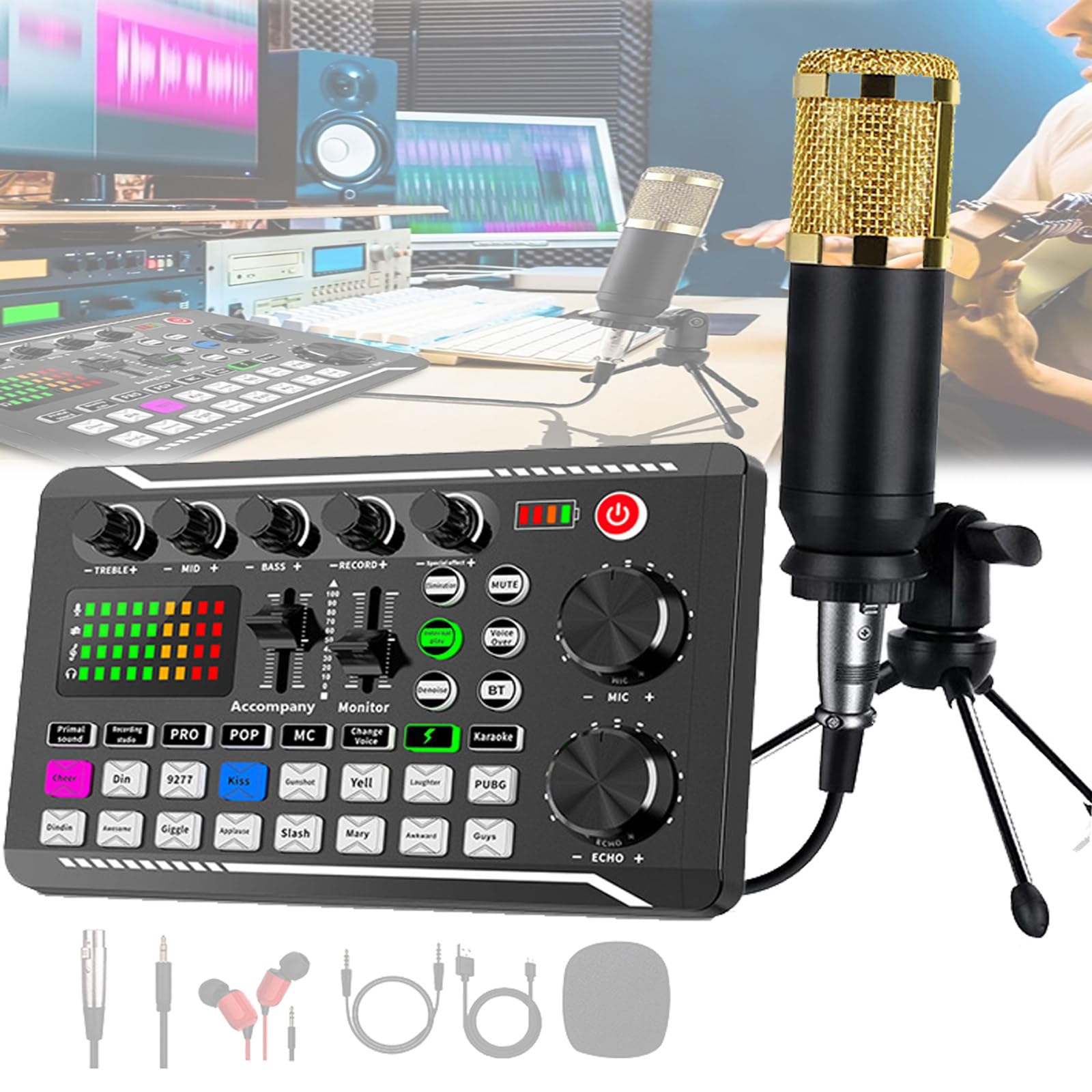 Podcast Equipment Bundle,All-In-One Audio Interface Dj Mixer With Microphone, Stand,16 Preset Effects,8 Mode,12 Electric Tone,With Various Equipment,For Streaming/Podcasting/Gaming