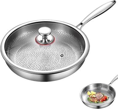 Titanium Hammered Pan Pro with Lid,Pure Titanium Skillet, Non Stick Scratch-Resistant Ultra-Durable Cookware for Fast Even Heating Healthy Cooking, Compatible with All Cooktops L 11.02in / 28cm