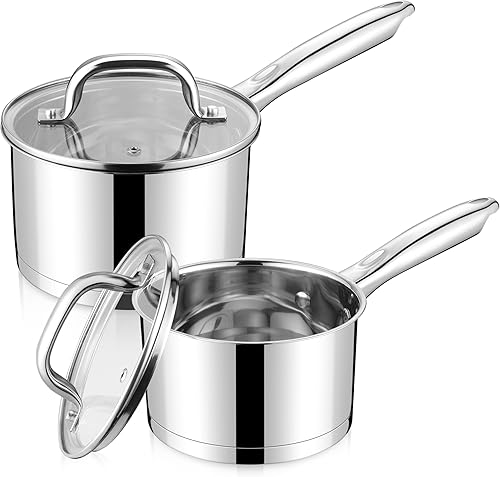 LIANYU Juego de sartenes con tapa, juego de ollas de acero inoxidable de 1 cuarto y 2 cuartos de galón, olla pequeña con fondo de tres capas para