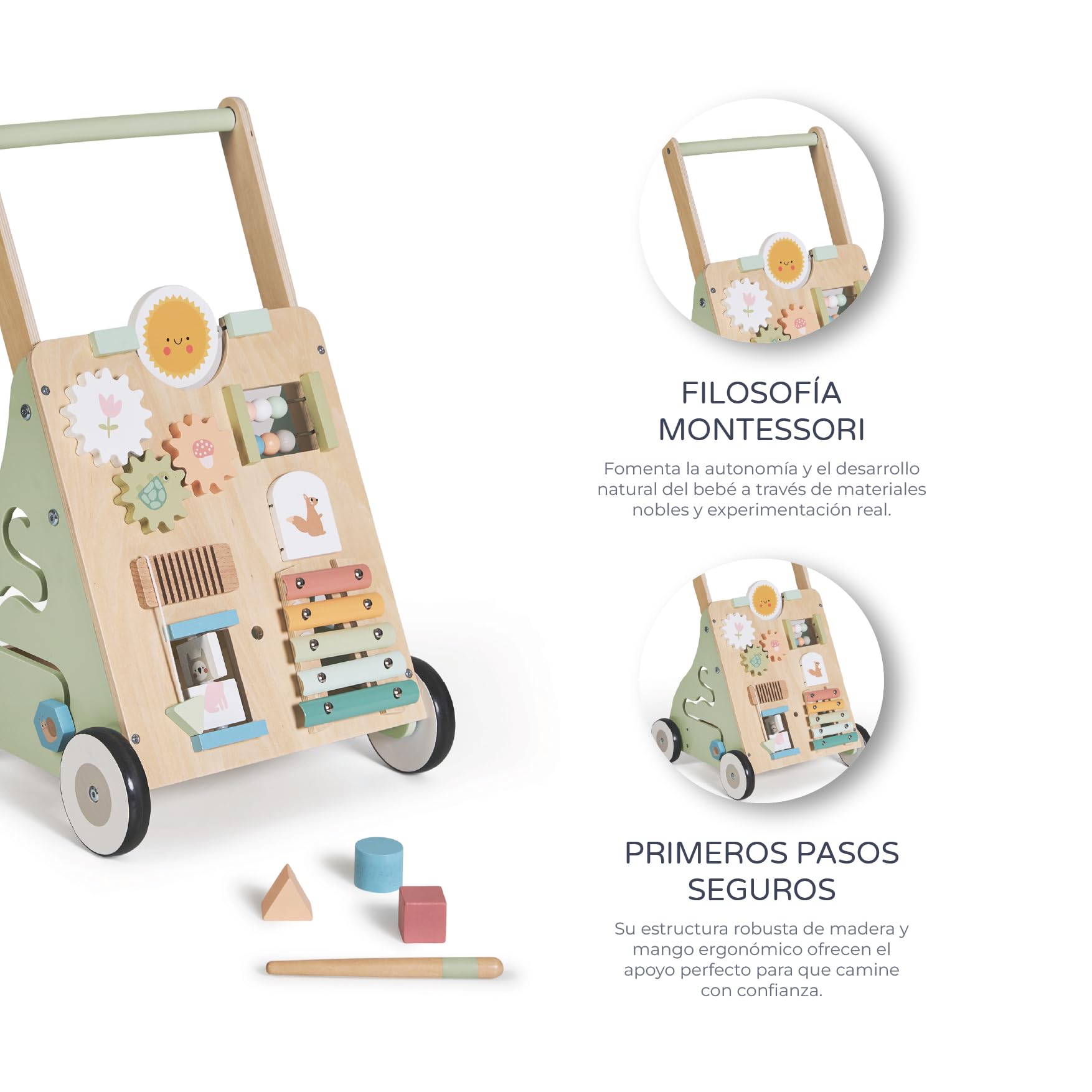 MS BabyWorld – Montessori Maxi – Andador de Madera para Bebé | Correpasillos con Juguetes y Actividades | Para Primeros Pasos | Desde +12 Meses