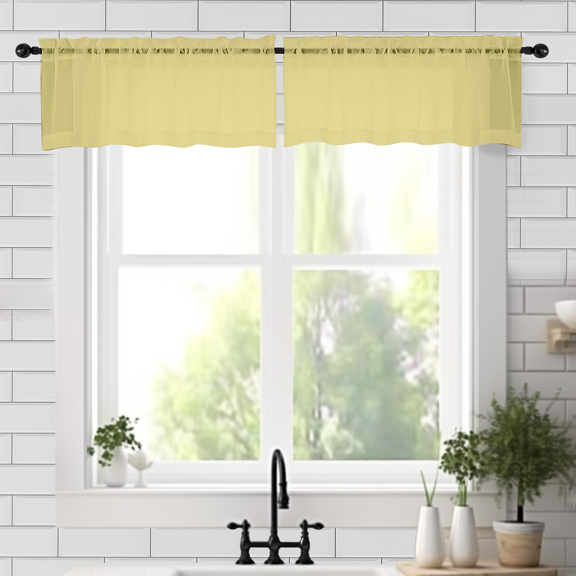 Chyhomenyc Sheer Valances for Windows 2 Pack, Small Window Curtains for Living Room Bathroom Cafe Laundry Basement, Modern Top Dual Rod Pocket Voile Curtain, 42W x 18L inches, Yellow