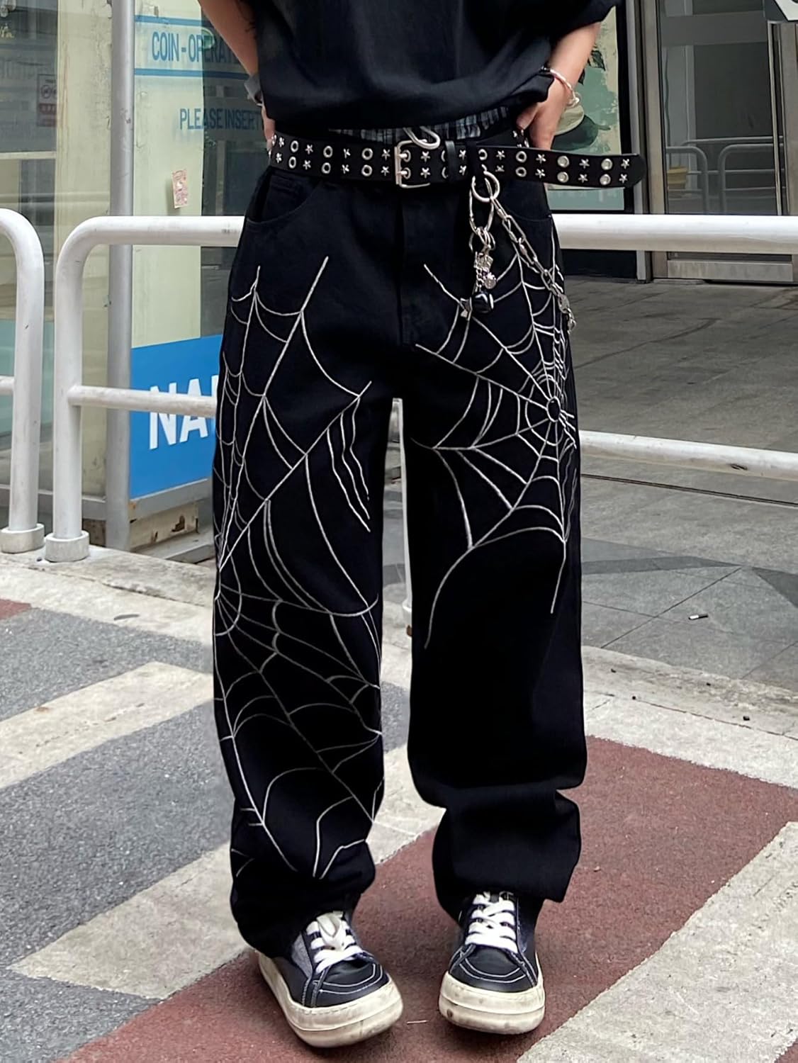 Men's Hip-hop Embroidered Baggy Jeans Loose Fit Denim Black Trousers - Image 3