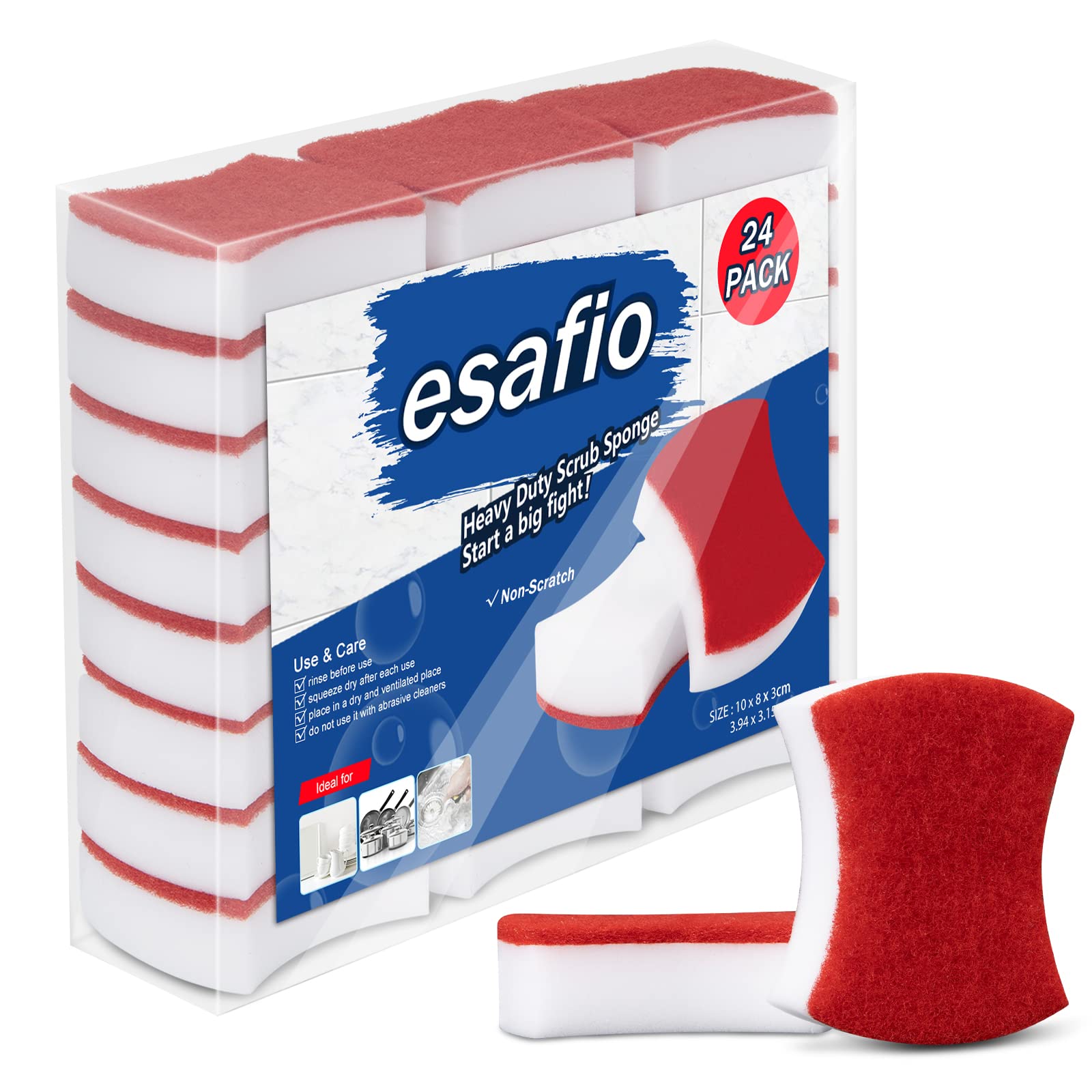 esafio 24 Pcs Heavy Duty Scrub Kitchen Sponges, Non-Scratch Cleaning Sponges,Multi-Purpose Scourer Pads for Pan Garage Bathroom,Red