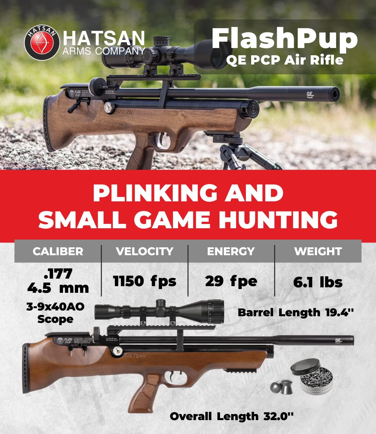Hatsan FlashPupQE Quiet Energy Air Rifle with Included Wearable4U 100x Paper Targets and Lead Pellets Bundle
