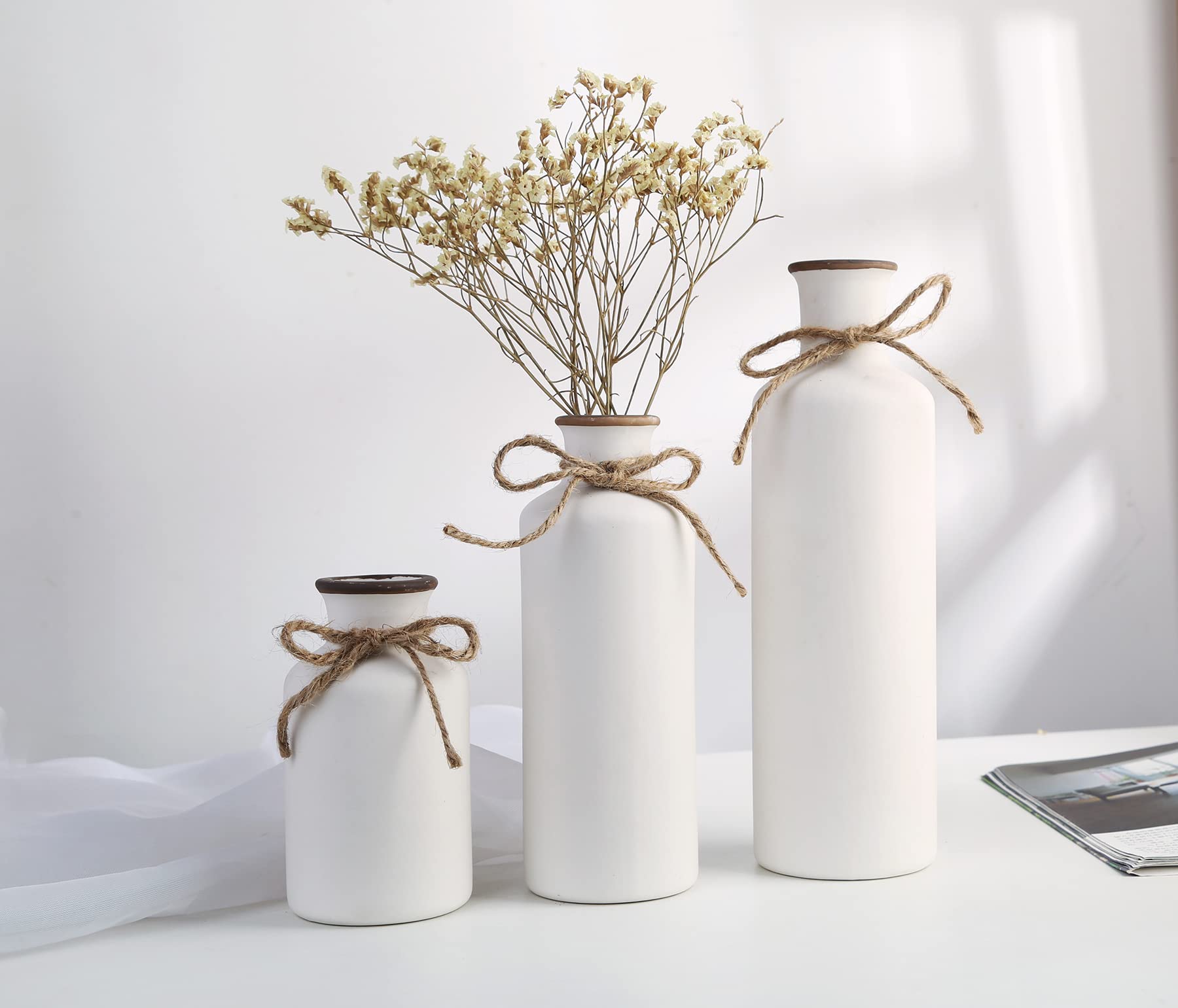 WHJY Modern Farmhouse Decor - Set of 3 White Vases, Decorative Centerpiece Accent, Ceramic Tabletop Decor for Farmhouse Living Room