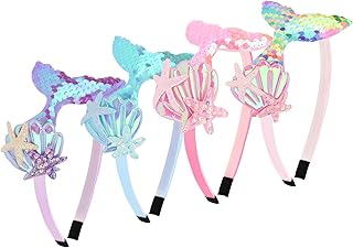 بهابي شريط راس بتصميم ذيل حورية البحر للبنات من 4 قطع، اكسسوارات شعر على شكل صدفة ونجم البحر للبنات لحفلات حمام السباحة