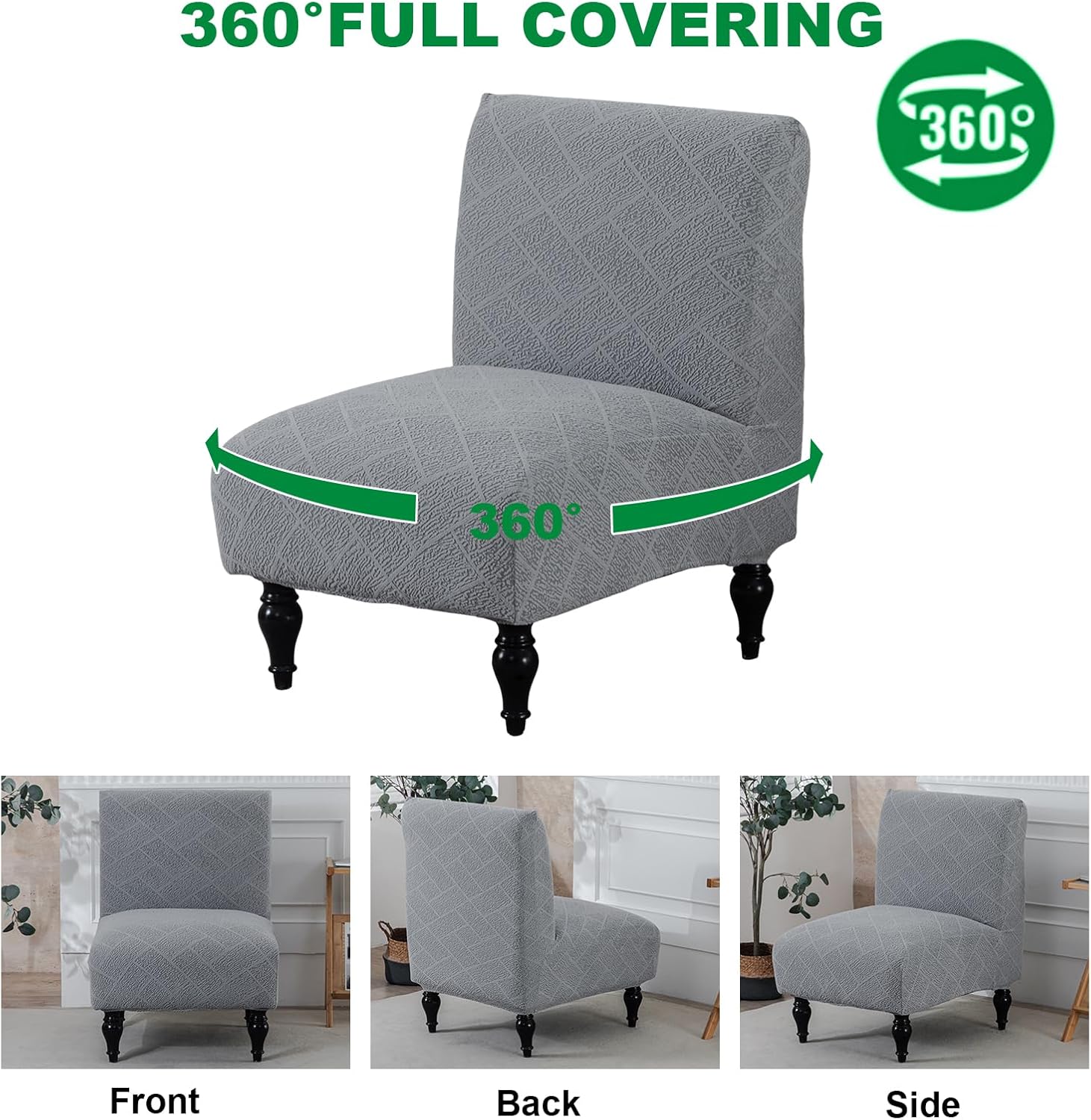 Armless Accent Chair Cover Stretch Jacquard Accent Chair Covers Without Arms Washable Armless Slipper Chair Slipcover Chair Furniture Protector Covers for Living Room Bedroom(Light Grey,2PC)