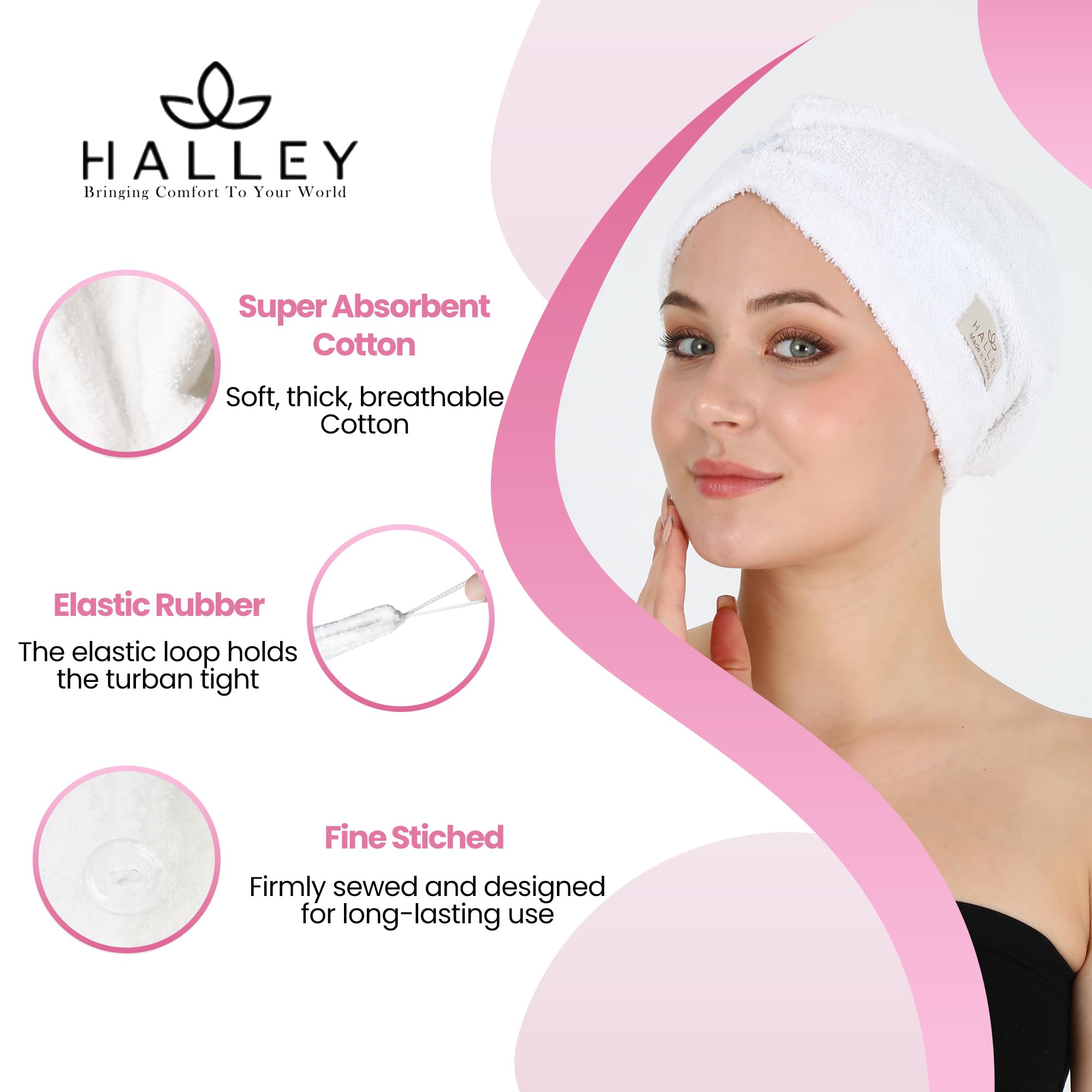 HALLEY Toalla de algodón para el cabello (3 paquetes), toalla de cabello súper absorbente de secado rápido para cabello grueso, turbantes para cabello húmedo con botón (blanco)