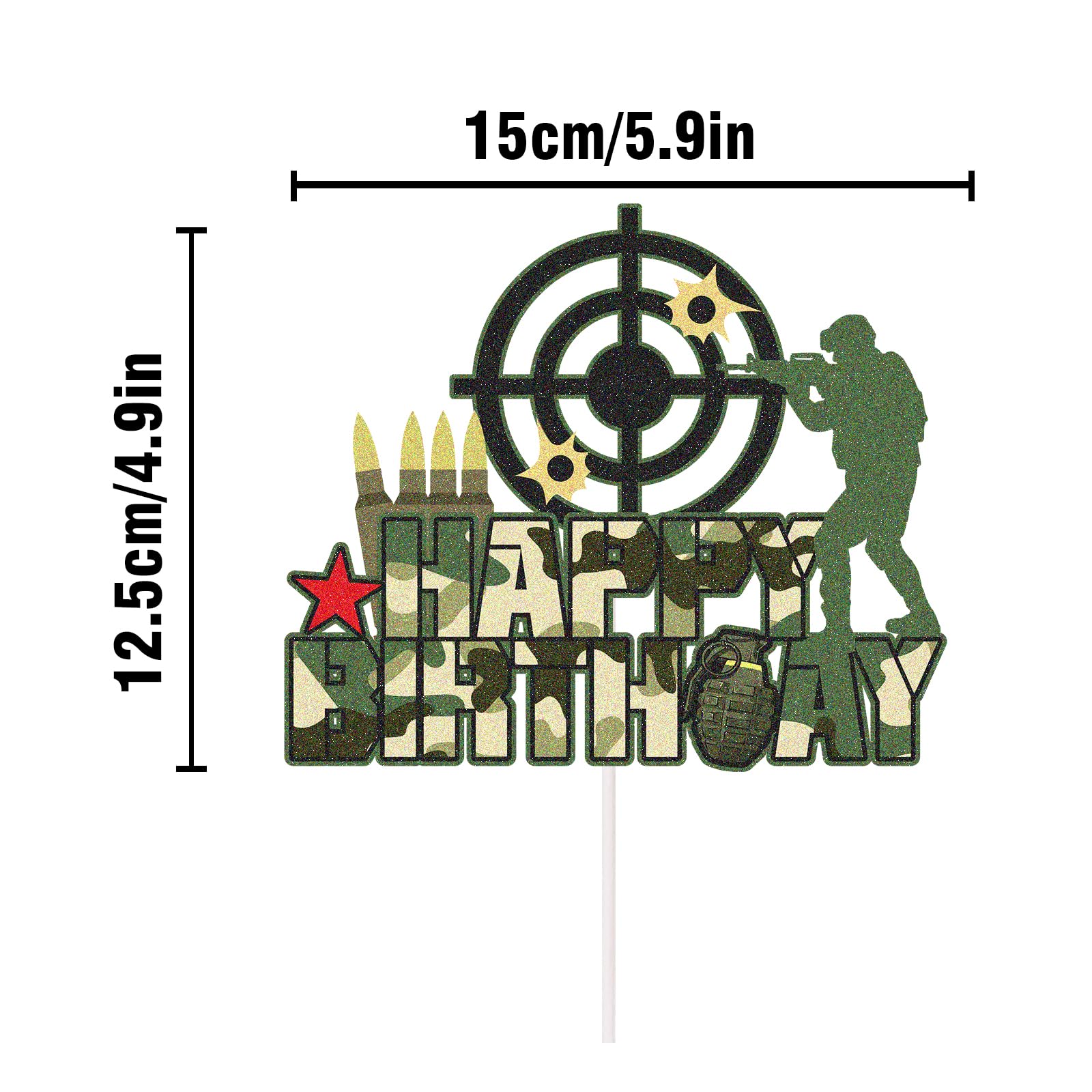 Military Birthday Cake Topper - Black Glitter Army Soldier Camo Theme Cake Decoration (15x15cm) - View #6