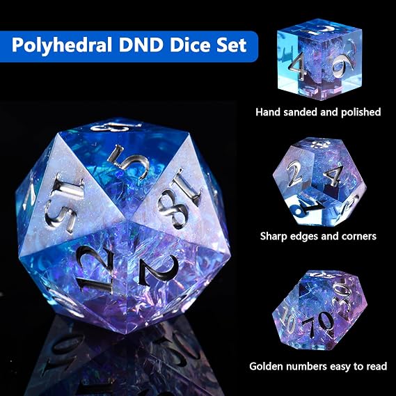 ORUZA 7 PCS Polyhedral DND Dice Resin Sharp Edge D&D Dice Set for Dungeons and Dragons RPG MTG Table Role Playing Games Die D20 D12 D10 D8 D6 D4 D%