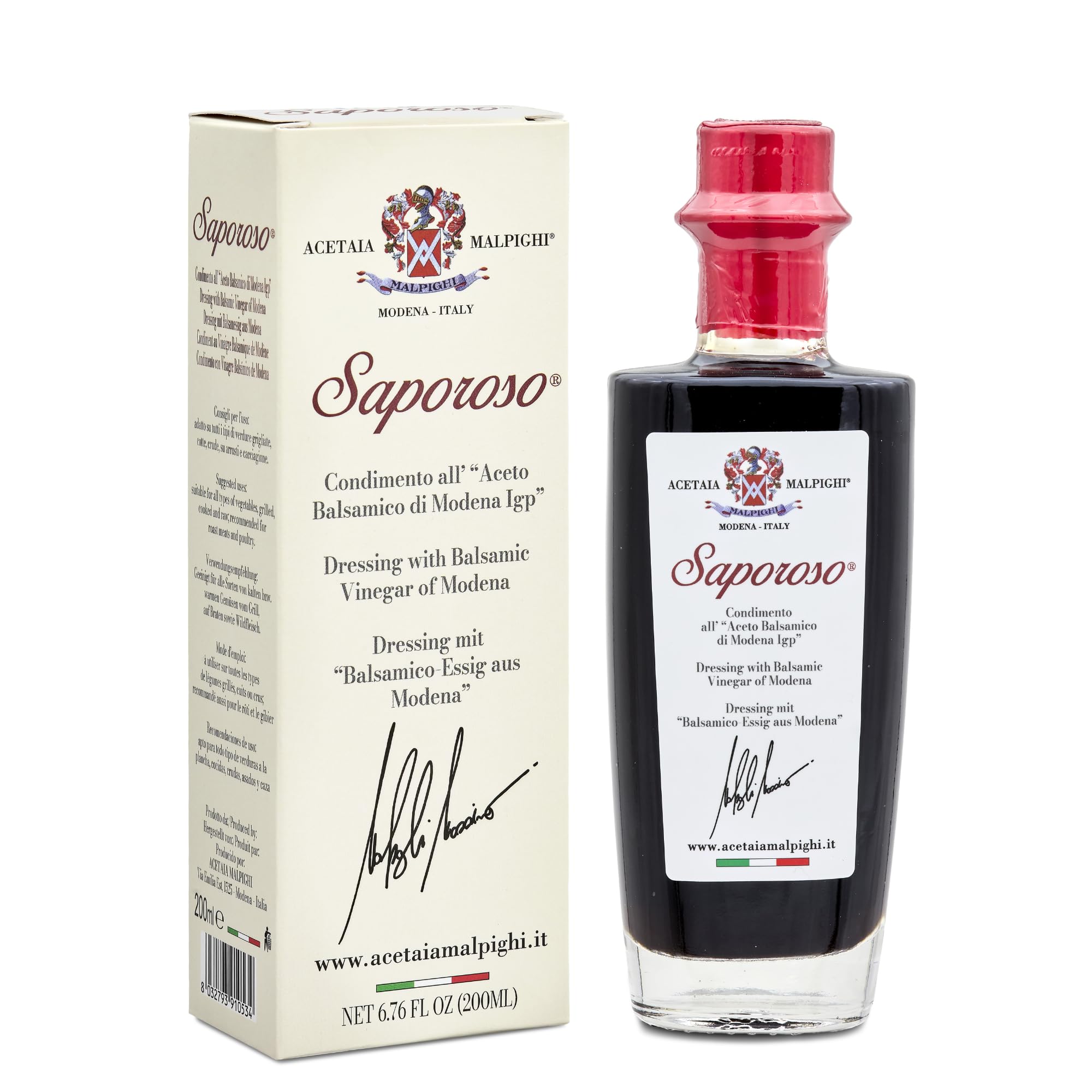 Acetaia Malpighi – Condimento all’Aceto Balsamico di Modena IGP Saporoso – 200 ml – Affinato 6 Anni in Botti di Rovere – Senza Caramello