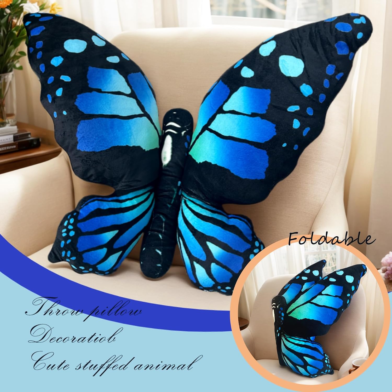 Kobataro Butterfly Decorations Pillow Decorative Throw-Pillow Stuffed Animal Plush Gifts for Women Decor for Room Home Garden 24.4" x 16.5"