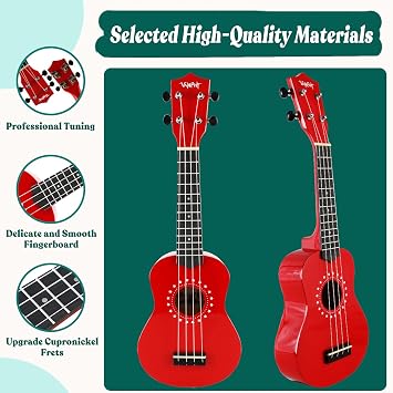 Soprano ukulele for beginner kids with Gig Bag 21 Inch uke for Starter Hawaiian Soprano Ukalalee Polishing adults Basswood 21 Inch uke bundle with Strap Picks Songbook Cleaning Cloth (Red)