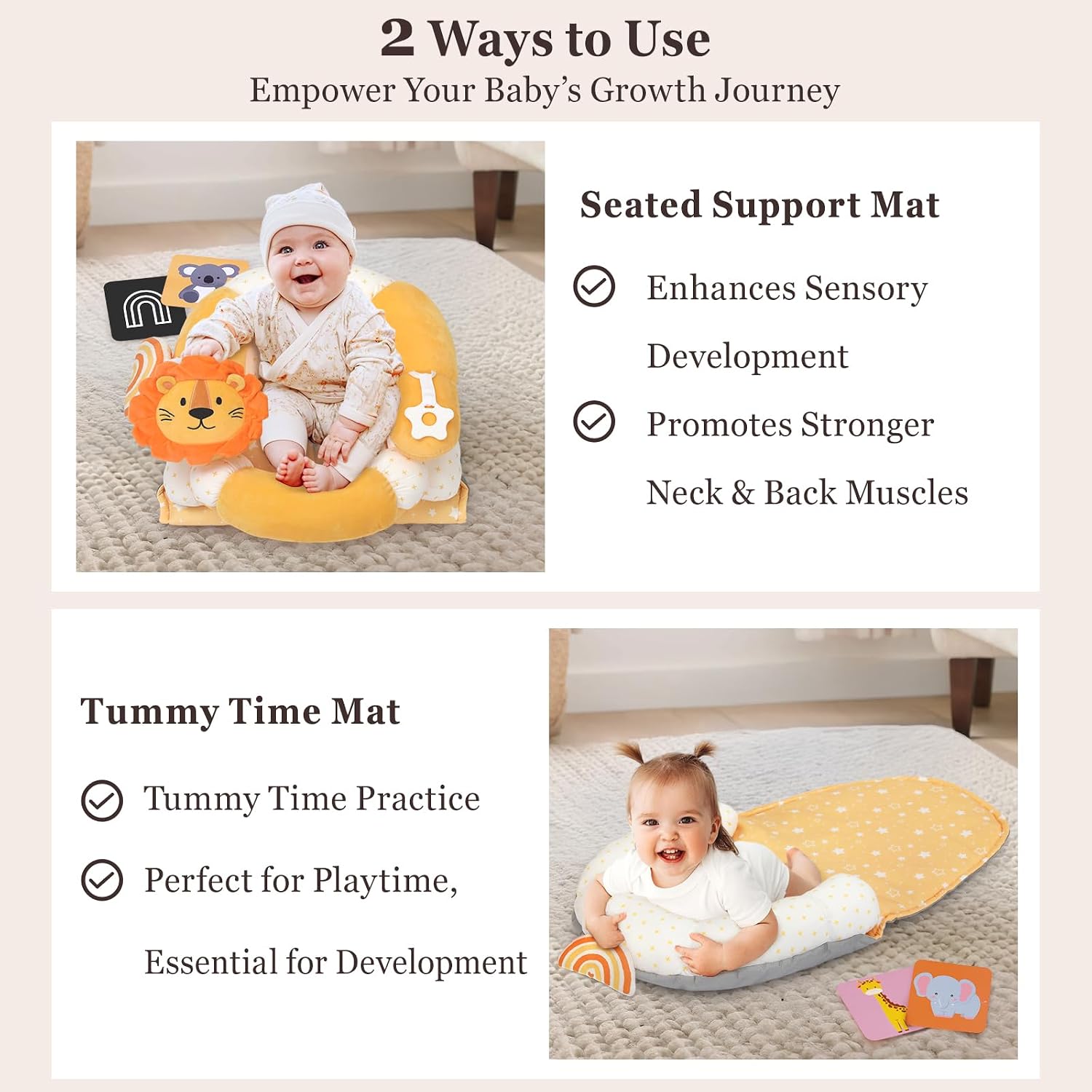 4 in 1 Tummy Time Mat with Educational Cards, Play Mat & Sitting Support for Newborn 0-12 Months, Infant Baby Sit Me Up Floor Seat, Sensory Skills Gifts, Lion