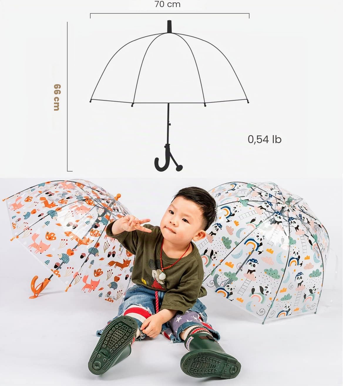 Chesoon Enfants Parapluie Dôme clair pour garçons filles avec poignée avec crochet ouvert automatiquement parapluie coupe-vent