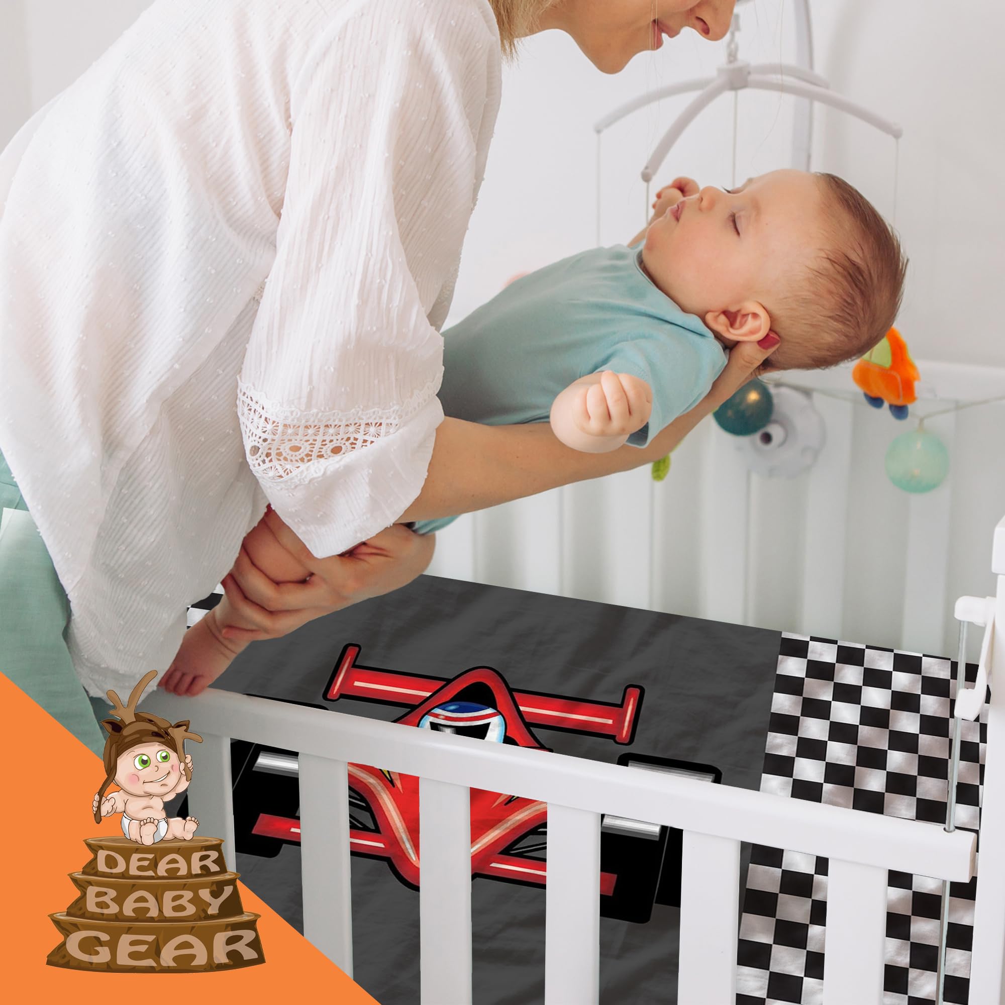 Dear Baby Gear Sábana de lujo para cuna de bebé, sábanas de algodón y poliéster, funda de colchón suave lavable a máquina, sábana de bebé recién nacido, conductor de coche de carreras, a cuadros, 52 x