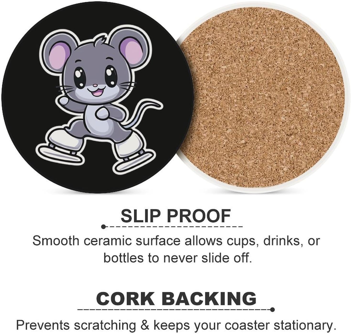 Rat Skater Round Ceramic Coasters for Drinks Absorbent Cup Holder Tabletop Protector with Cork Base