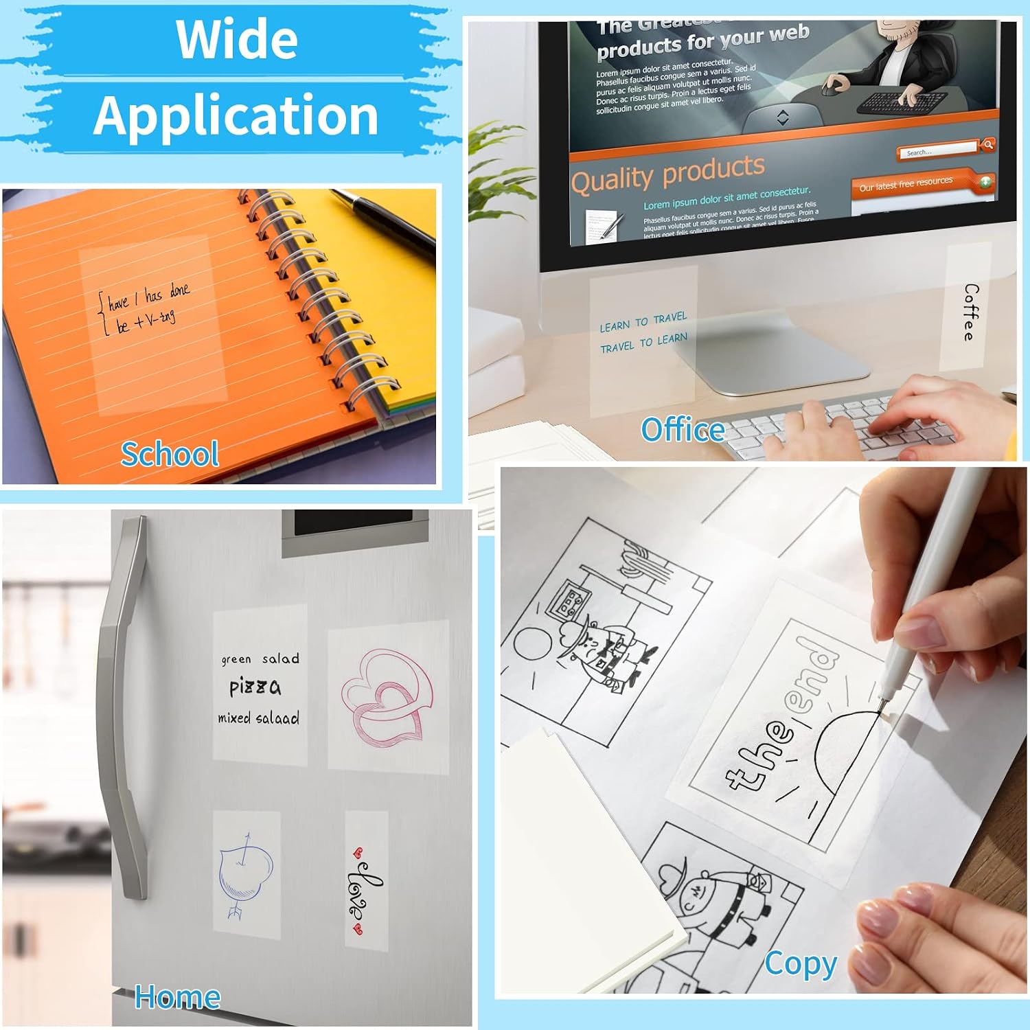 Sticky Notes,400 Blätter Transparente Haftnotizen,Durchsichtige Klebezettel | Wasserfest Clear Sticky Notes, Back to School Supplies, Wiederbeschreibbar Notizzettel für Schulsachen, Schule, Büro, Hause