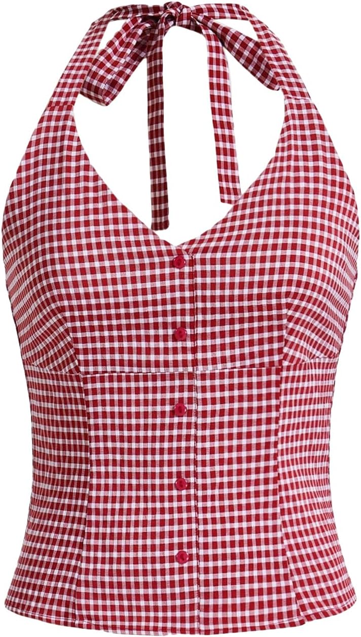 SweatyRocks Women's Gingham Plaid Pattern Button Front Halter Top Backless Sleeveless Tank Top