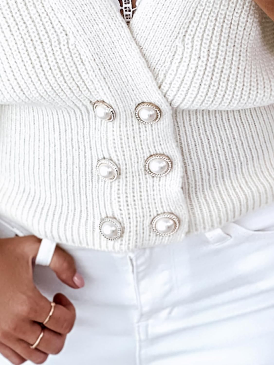 CHICME Cardigan for Women V Neck Long Sleeve Pearl Beaded Knitted Cardigan Sweaters - Image 6