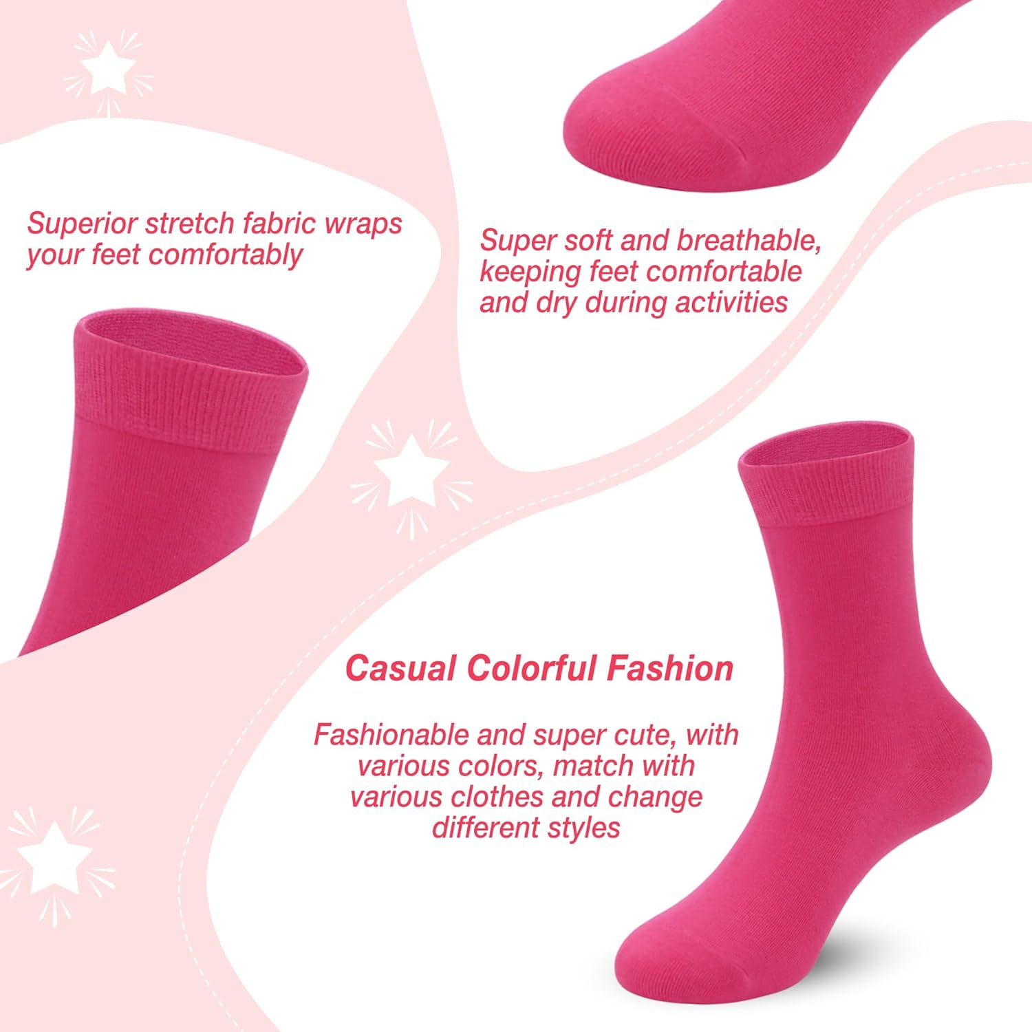 4-Pack Combed Cotton Viscose Kids Casual Socks Cool Crew Fashion Neon & Solid Colors Dress Socks Elastic Fit for Girls Boys - Image 3