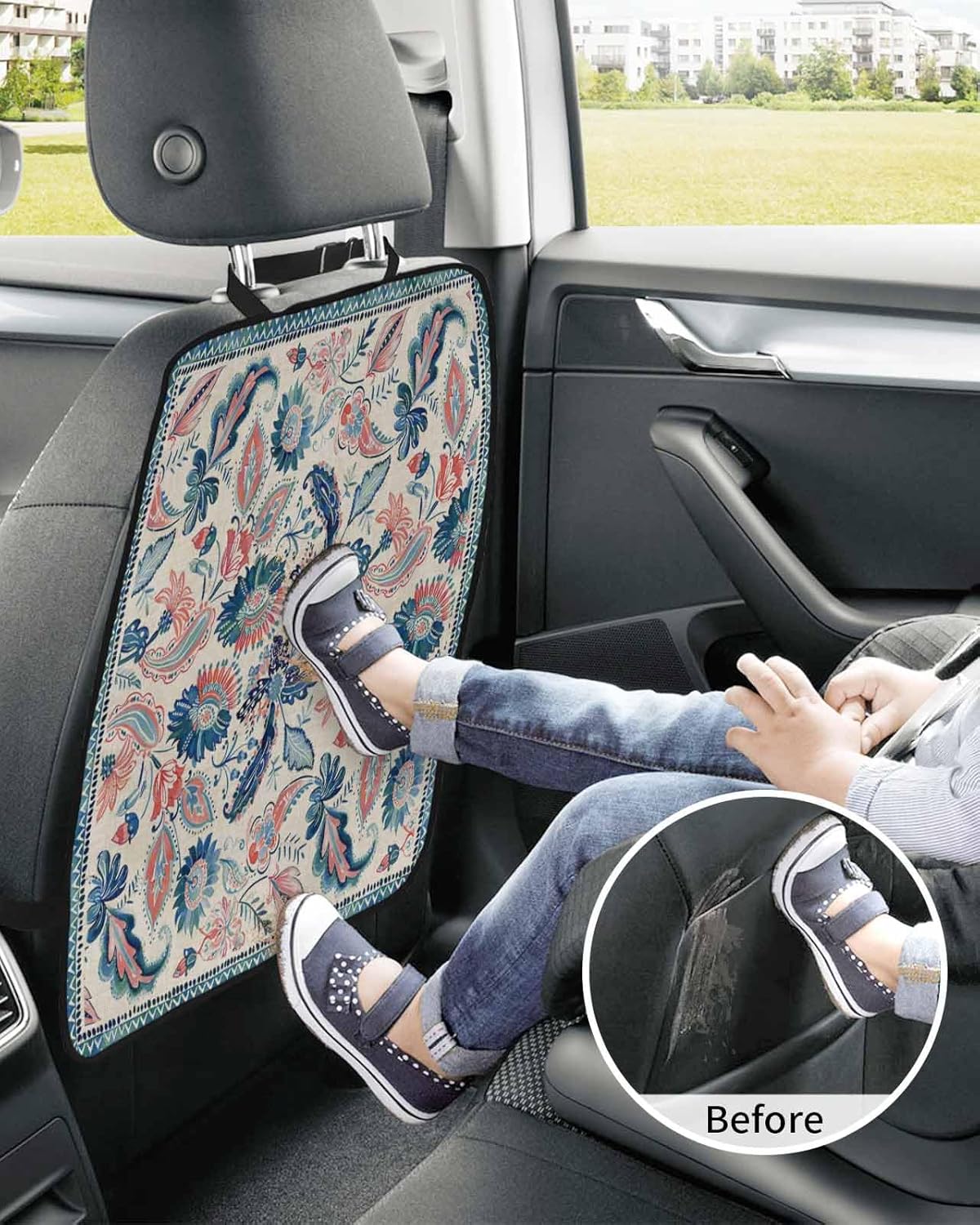 Car Seat Protector, 2 Pack Kick Mats Back Seat Protector Vintage Blue Paisley Flowers Floral Geometric Watercolor Waterproof Backseat Cover for Kids Universal Fit Automotive Interior Protectors