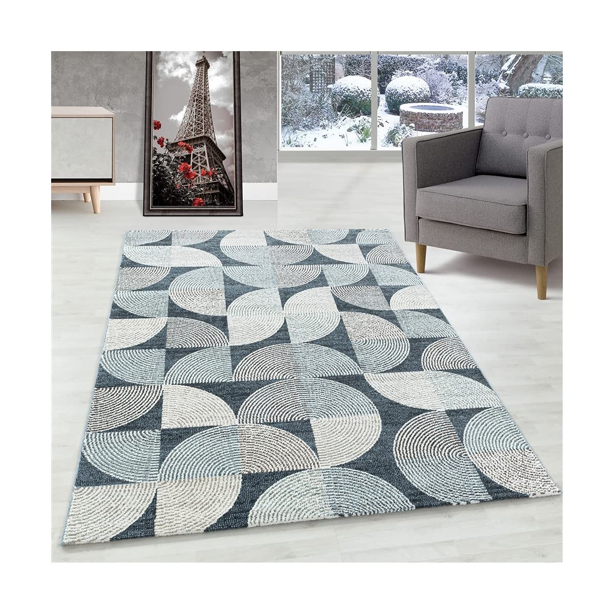 Tapis moderne à poils courts bleu gris rectangulaire de salon 80x150cm