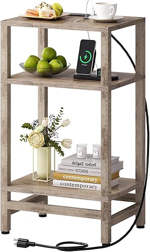 Vista 10 de Mesa auxiliar con estación de carga rápida, mesa auxiliar de 3 niveles con puerto tipo C y USB, mesitas de noche pequeñas para espacios pequeños