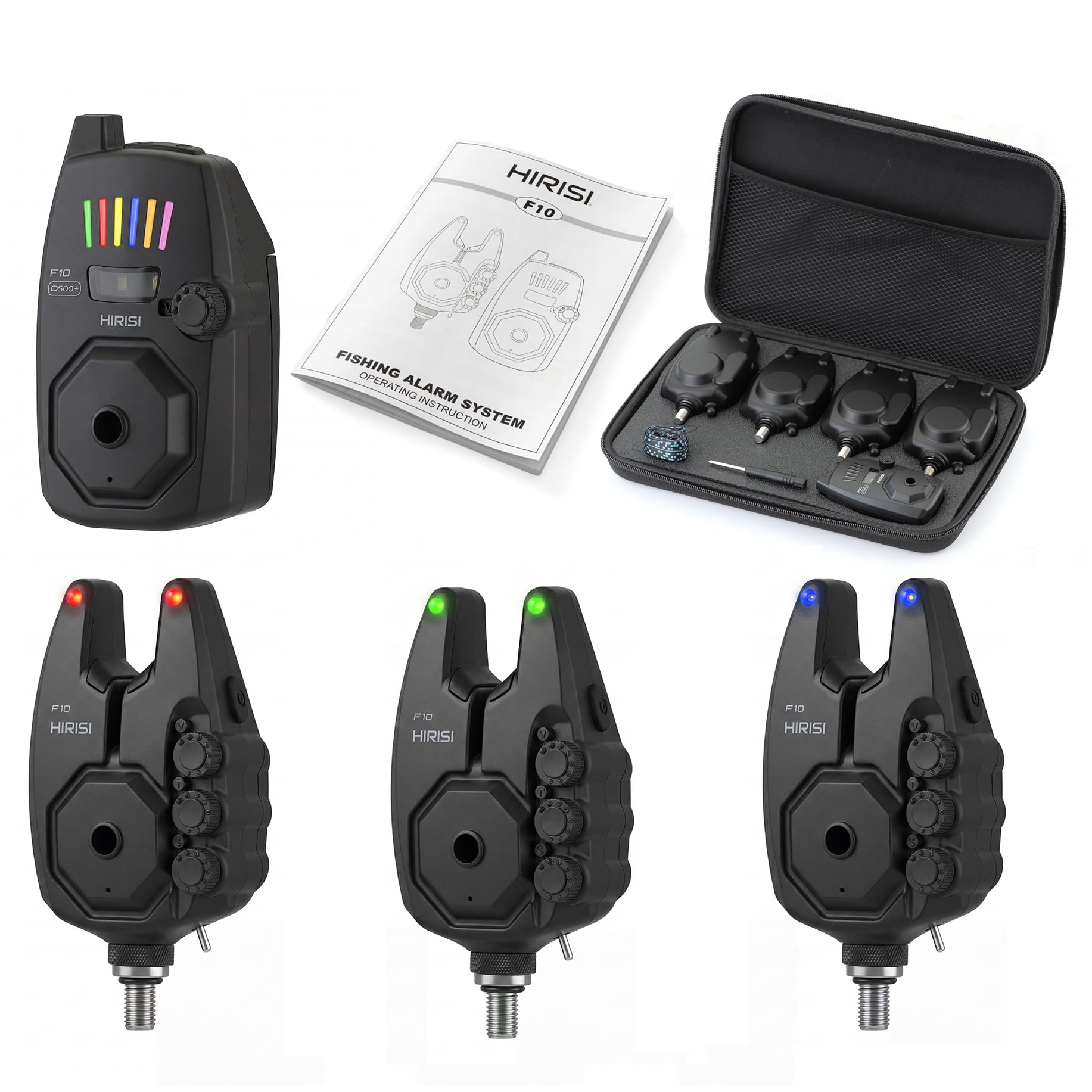 Hirisi Tackle Bite Alarm Fishing Carp Fishing with Remote Control (Receiver), 6 Colours & Brightness Adjustable, Range >500 m, Adjustable Sensitivity, Volume & Tone (FBA-F10-3)