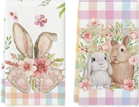 Artoid Mode Colorful Buffalo Plaid Bunny Rabbit Flower Easter Kitchen Towels Dish Towels, 18x26 Inch Seasonal Decoration Hand Towels Set of 2