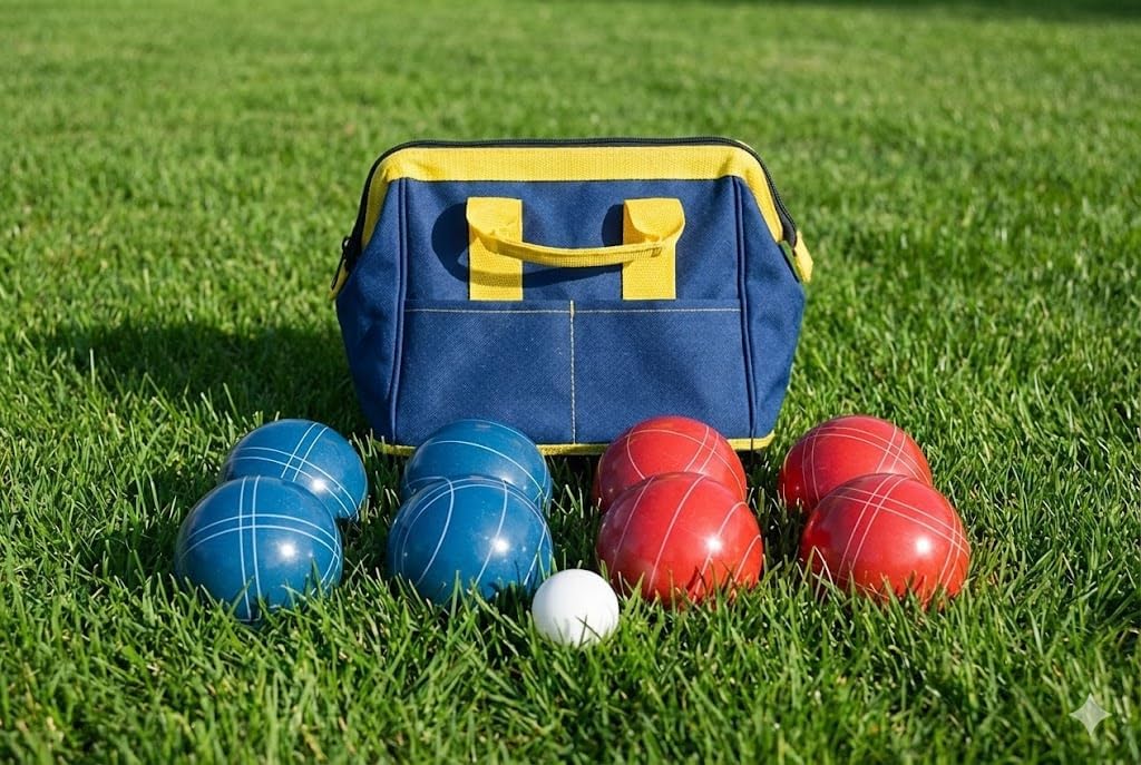 BuyBocceBalls Listing - Made in USA, Premium Quality Tournament Bocce Set - 110mm Blue and Dark Orange Balls, Nylon Blue/Yellow Bag, 998 Grams (2 lbs. 3.2 oz.).