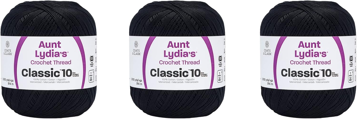 Aunt Lydia Value Black Crochet - 3 Pack of 1000y/914m - Cotton - Gauge 10 - Crochet