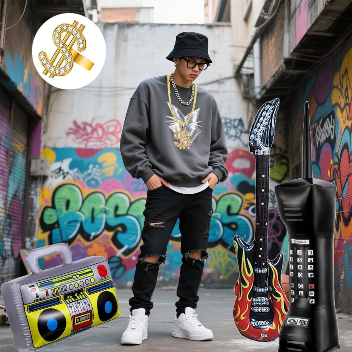 80s 90s Hip Hop Costume Outfit Kit for Men Women, Rapper Fake Gold Dollar Sign Jewelry image 5