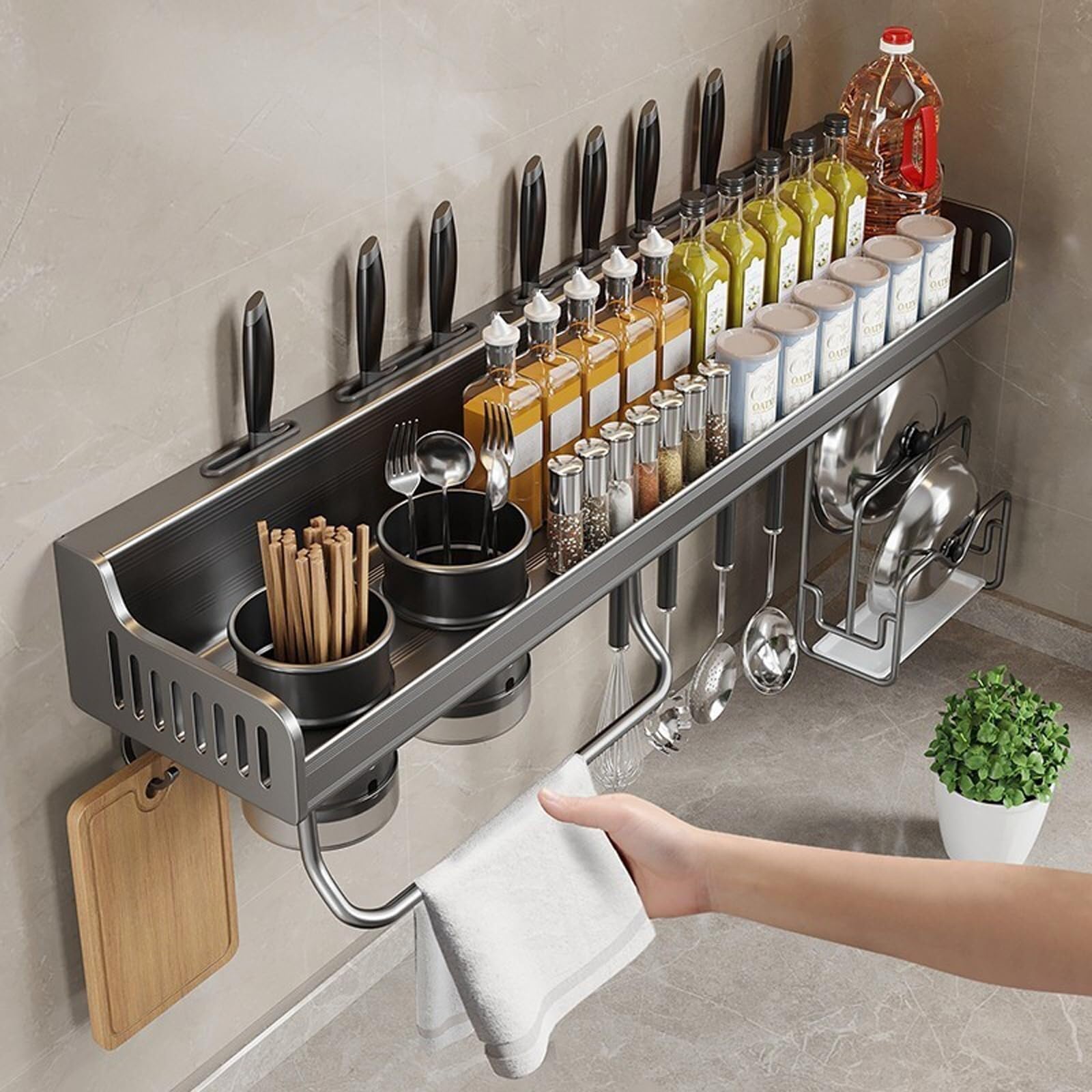 Portaspezie da parete 50 cm grigio con 2 tazze da cucina nizer per erbe e spezie Soluzione salvaspazio perfetta per chef domestici e appassionati di cucina