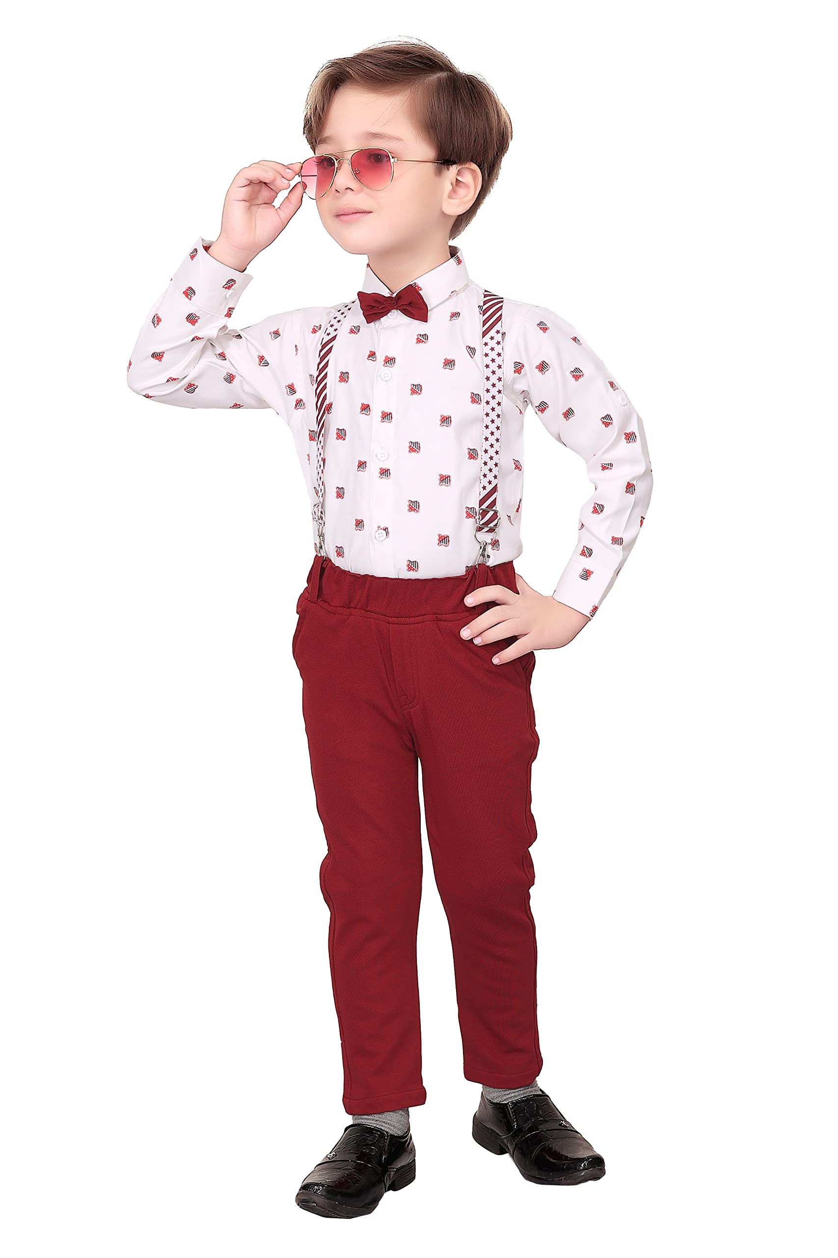 1ST RANK PLUS Full Sleeves Plush satin Printed Shirt With Suspender Pants & Bow (9637)