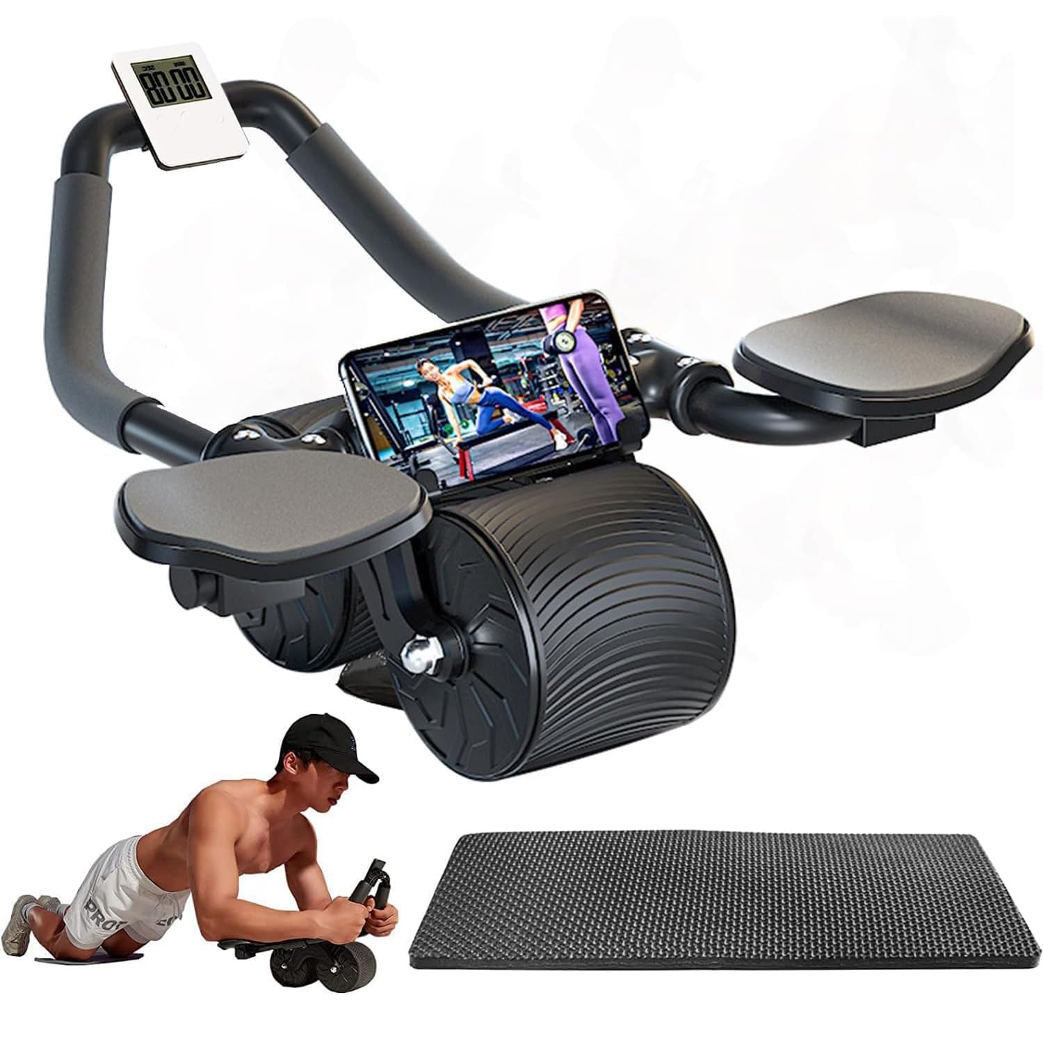 Bolivia's Automatic Rebound Abdominal Wheel, Ab Roller Wheel with Elbow Support, Ab Wheel Roller with Timer, Phone Holder and Knee Pad, Core Exercise Equipment for Men Women Abs Workout in Home